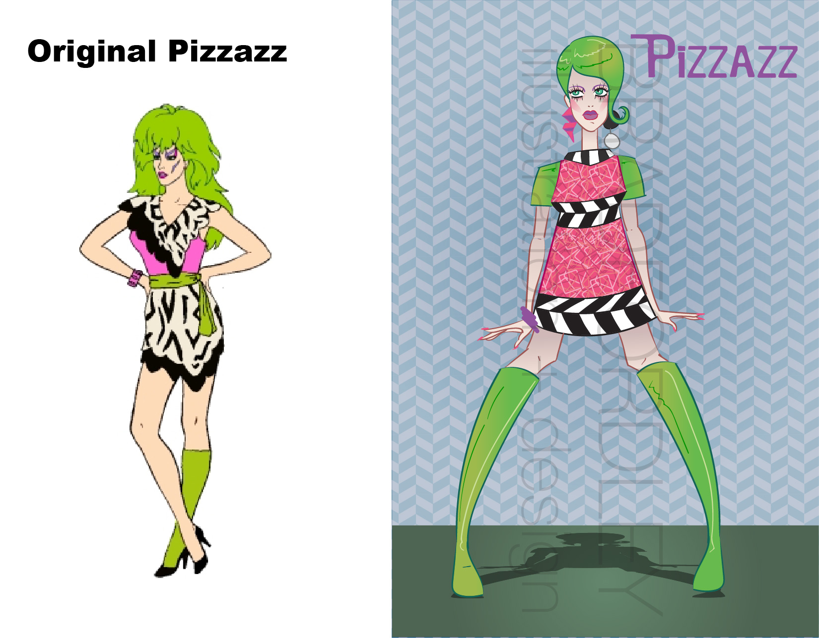 Here is the lead singer, Phyllis Margaret Gabor, aka Pizzazz. She's spoiled, competitive, conniving and ruthless. For some reason, when I started this I knew I wanted to save a "twiggy" type style for Pizzazz with the harsh babydoll lash extensions and hard lines of the fashion. It's been neat seeing how 80s fashion actually often borrowed from the mod-era, too. 