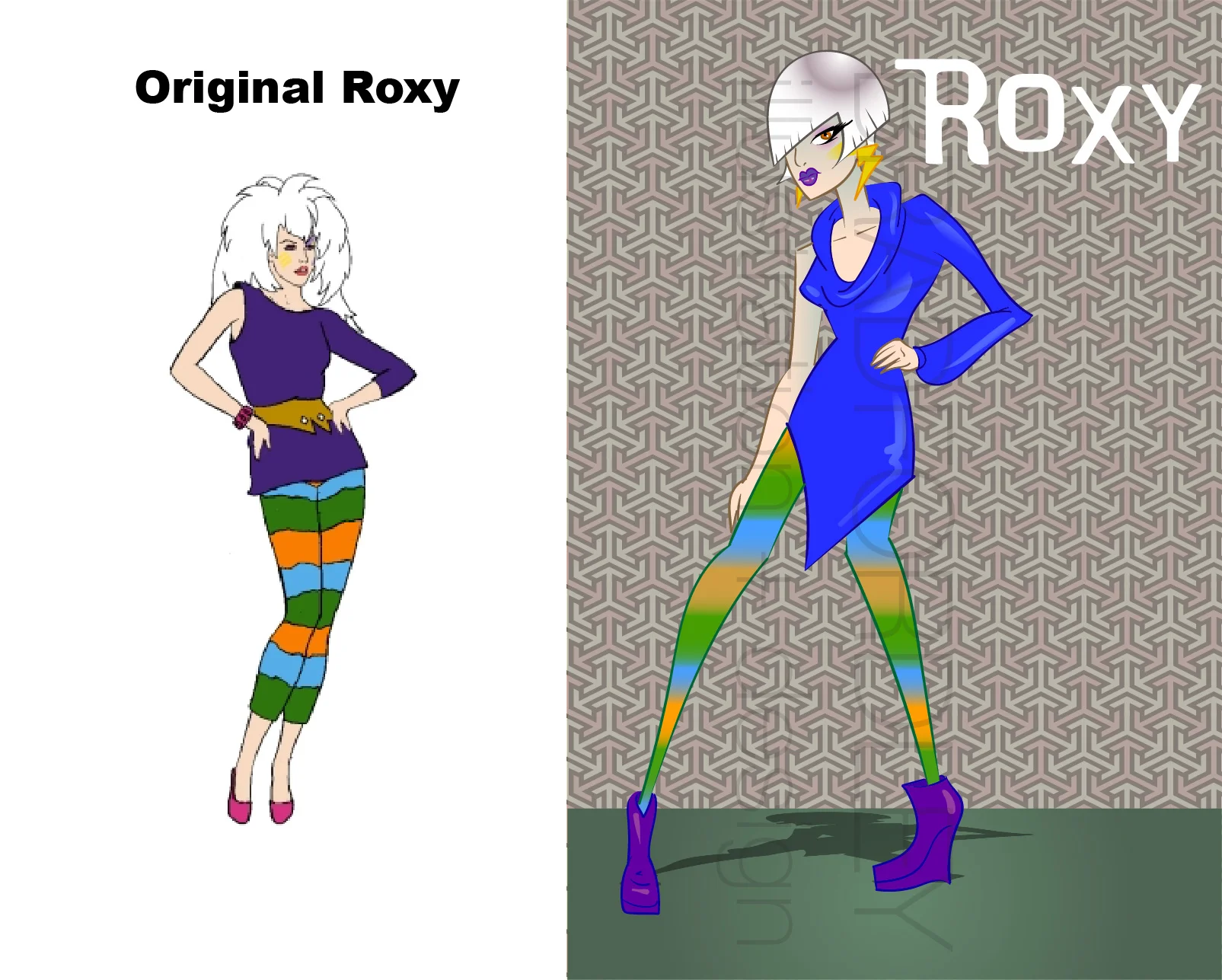 Here we have Roxanne Pellegrini, aka Roxy! Her style has always been kinda wah wah to me, so I wanted to make her more interesting, but I actually thought her original leggings lend themselves to mod fashion well, so I kept them. I saw a reference photo of a FANTASTIC asymmetric bob and thought that it fit Roxy's edginess well. 
