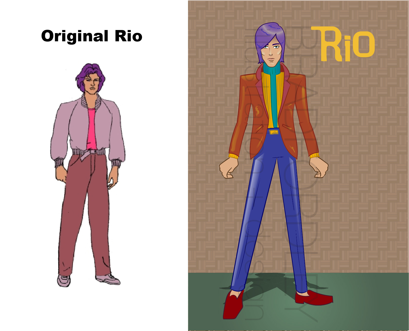 With all the ladies' fashion, I really wanted the opportunity to also show one of the guys, though the cartoon is primarily dominated by the ladies. This was a great addition in the 1980s as the animated landscape was dominated by cartoons aimed at boys (I also loved those cartoons). Here is the love interest of Jem/Jerrica; Rio Pacheco. There was a very weird love triangle going on in the show, as he didn't know that Jerrica was also Jem, but would sometimes fall for Jem, even kissing her... what a SCANDALOUS KIDS' SHOW!!! I actually went with more of the color scheme of his action figure with the yellow shirt and then gave him a 60s casual suit. 