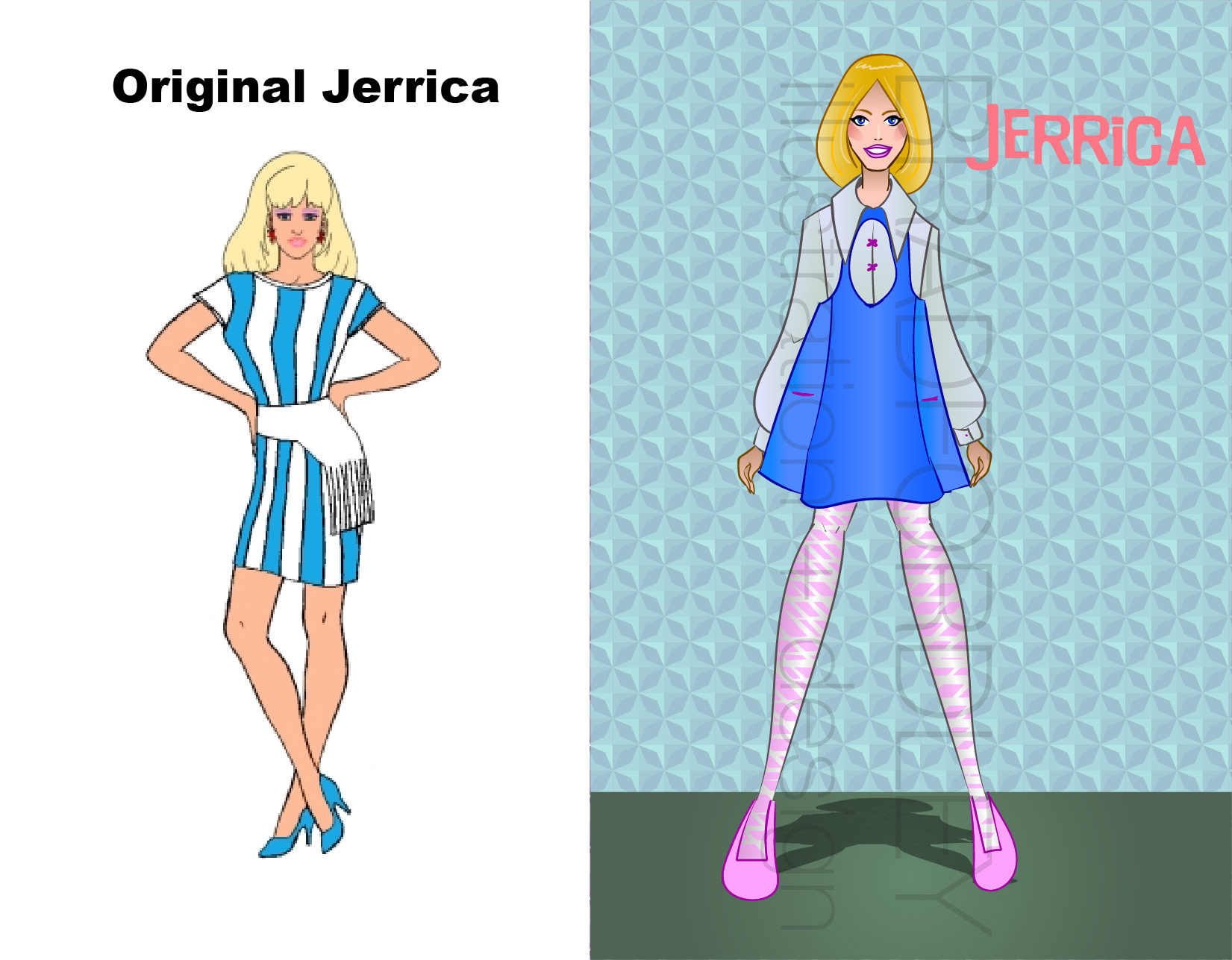 Here's our titular lady herself, only when she's not disguised as Jem. I wanted to really differentiate the two a bit more than the cartoon did. It also gave me the chance to do a less "outrageous" look and something more casual, and I'm pleased with the look. I also really dialed back the makeup. Now Jerrica, tell Rio you're Jem already, jeez. 
