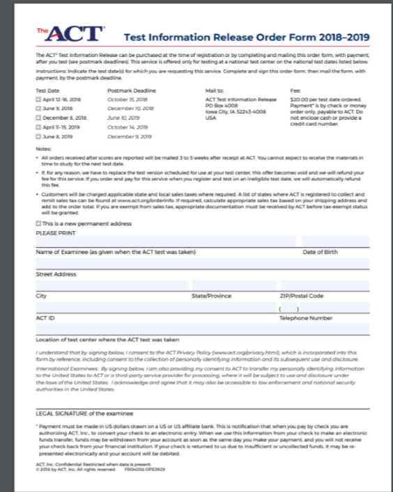 ACT Test Release Order Form