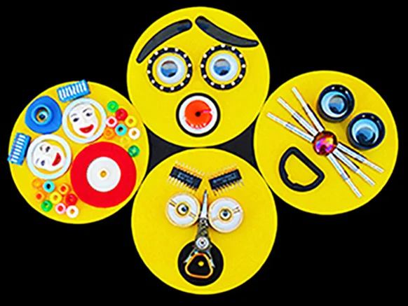 EmojiBots , reclaimed materials and acrylic on card stock, each 4" tondo