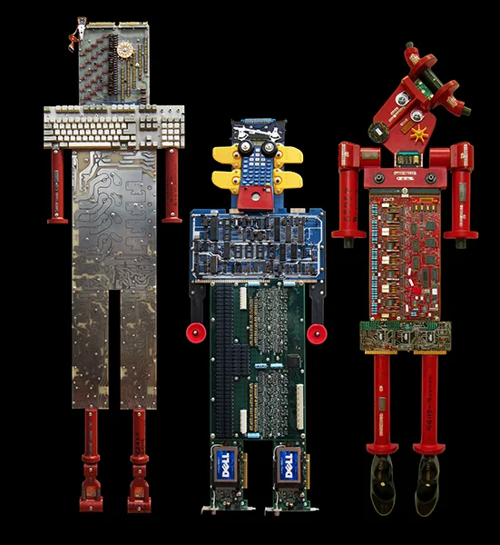 Artbots: Silver Onesie, 60" x 18" x 2" Blue Blondell, 36" x 13" x 2" Ruby Tap-Toes, 52" x 17" x 2"