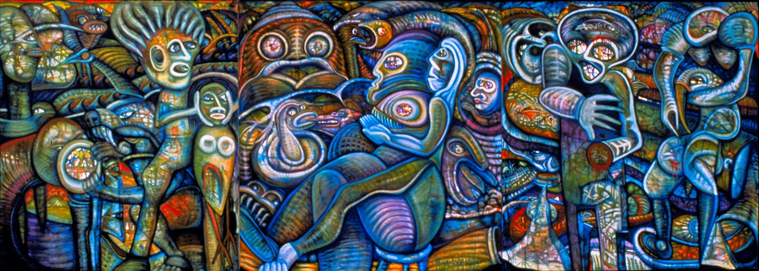 BIOMORPHIC BLUES TRIPTYCH, oil on canvas, 60" x 180"