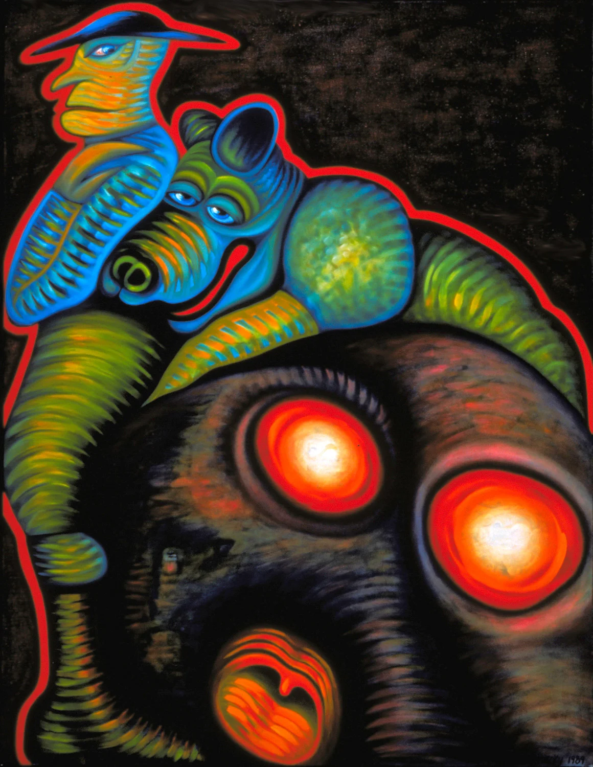ALL AGLOW AGAIN: BOB AND THE BEAR AT ELEPHANT ROCK, oil on canvas, 62" x 48"