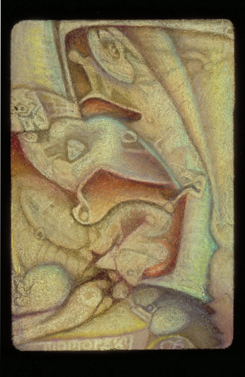 serpentine, color pencil on amate, 6" x 4"