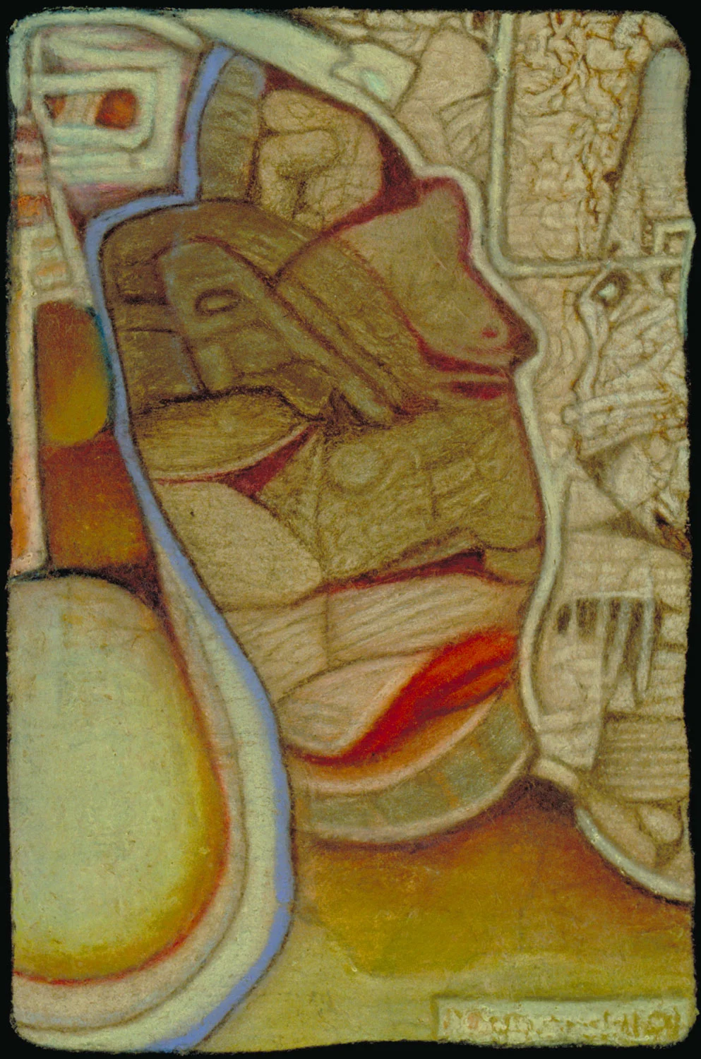 palenque, color pencil & water crayon on amate, 6" x 4"
