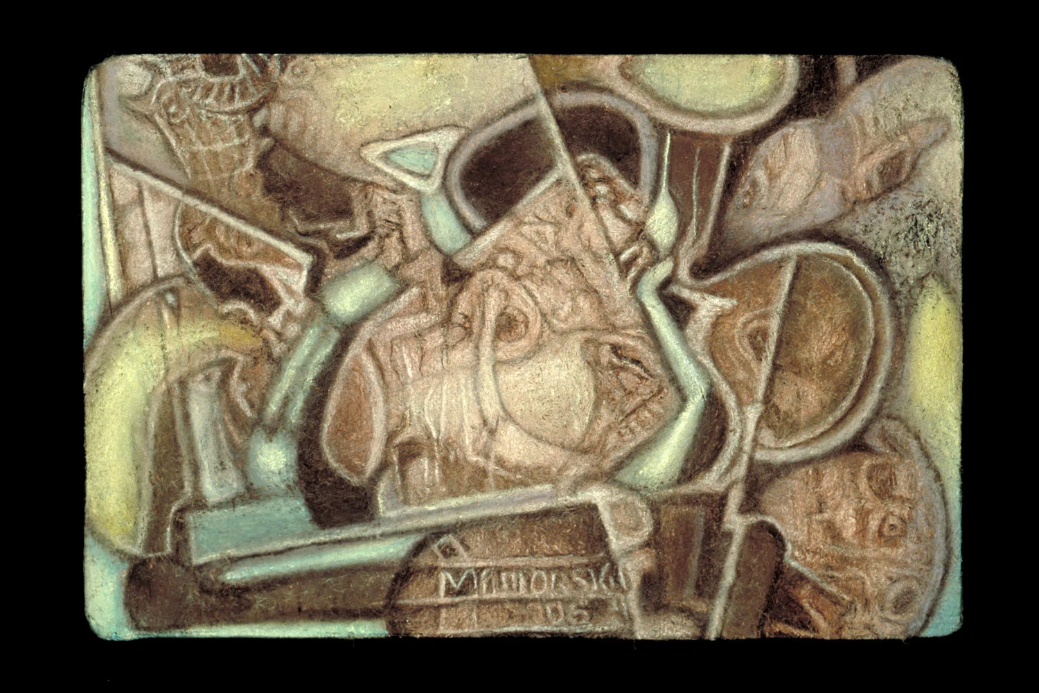 Tightly Strung, color pencil on amate, 4" x 6"