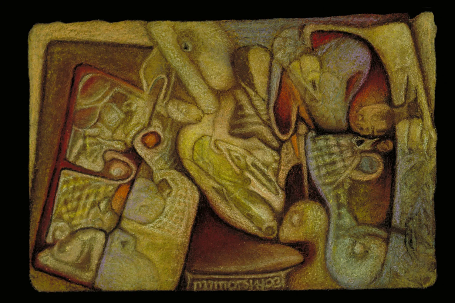 Lingua franca, color pencil & water crayon on amate, 4" x 6"
