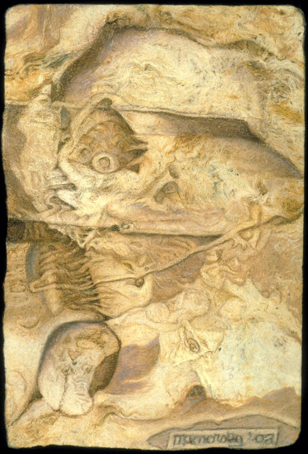 Dinochik, color pencil on amate, 6" x 4"