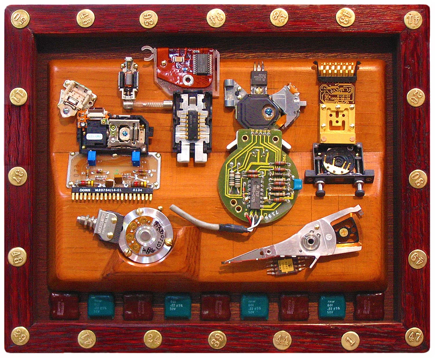 e-life, reclaimed materials wall sculpture, 9" x 11" x 3"