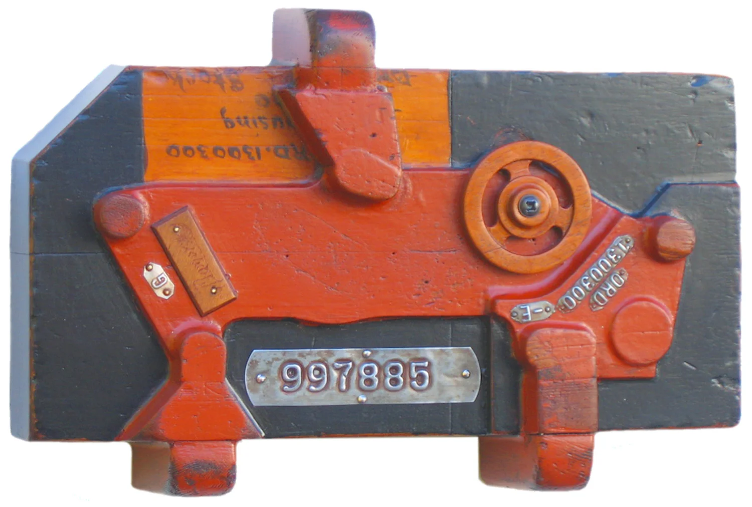 Driving the Dog, reclaimed materials wall sculpture, 8" x 12" x 3"