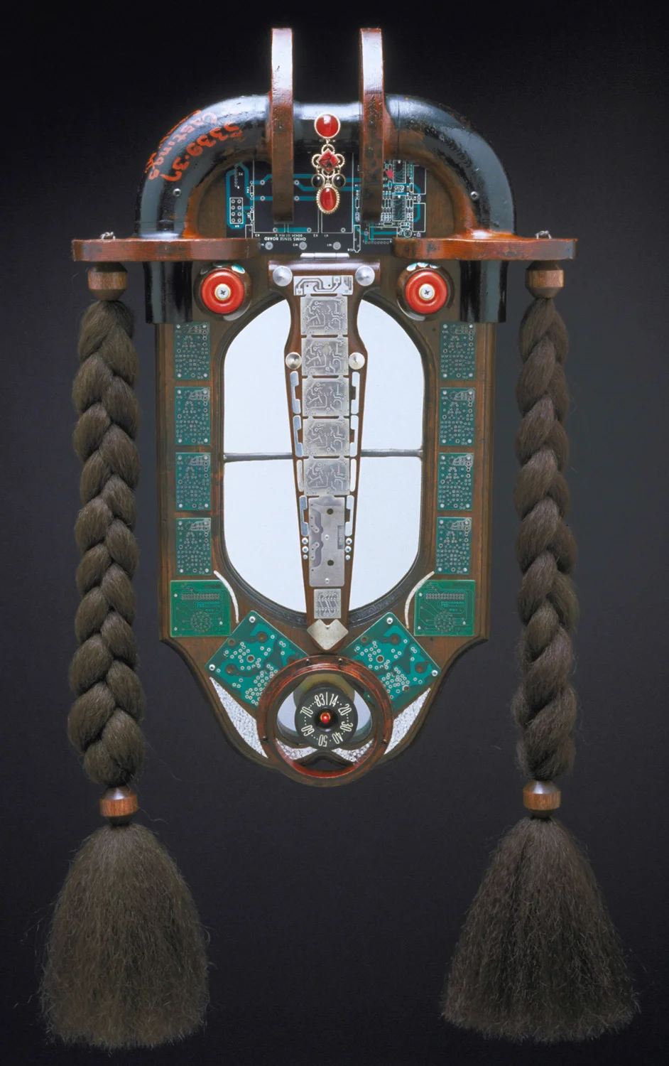 Plate Techtronics, reclaimed materials sculpture/ mirror, 34" x 20" x 4"