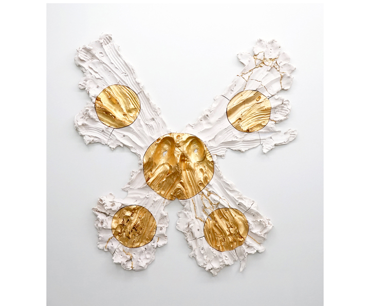  BRIE RUAIS  Spreading Out from Center in Five Directions (Premonition of a Butterfly), 130lbs , 2016, ceramic, gold leaf, hardware, 66" x 60" x 3.5" 