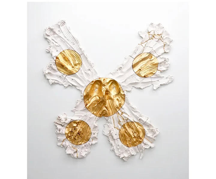 BRIE RUAIS Spreading Out from Center in Five Directions (Premonition of a Butterfly), 130lbs , 2016, ceramic, gold leaf, hardware, 66" x 60" x 3.5"