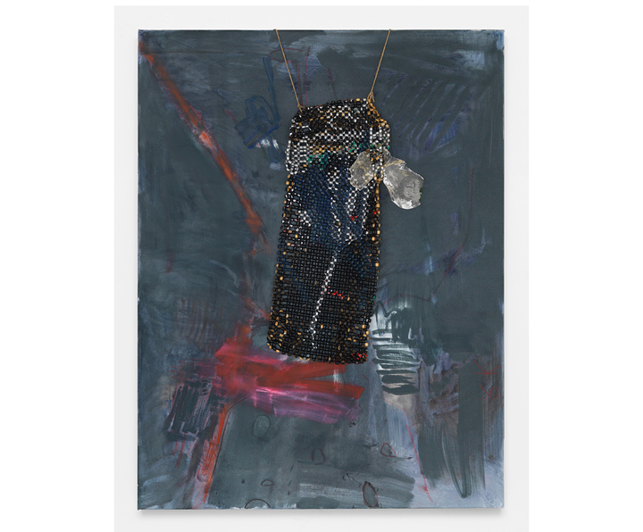  ROSY KEYSER  Paradise Strobe , 2016, oil, oil pastel, wooden beads, twine and mica on canvas, 82" x 64" 