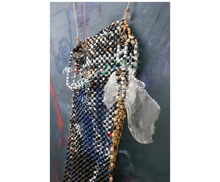 ROSY KEYSER (detail) Paradise Strobe , 2016, oil, oil pastel, wooden beads, twine and mica on canvas, 82" x 64"