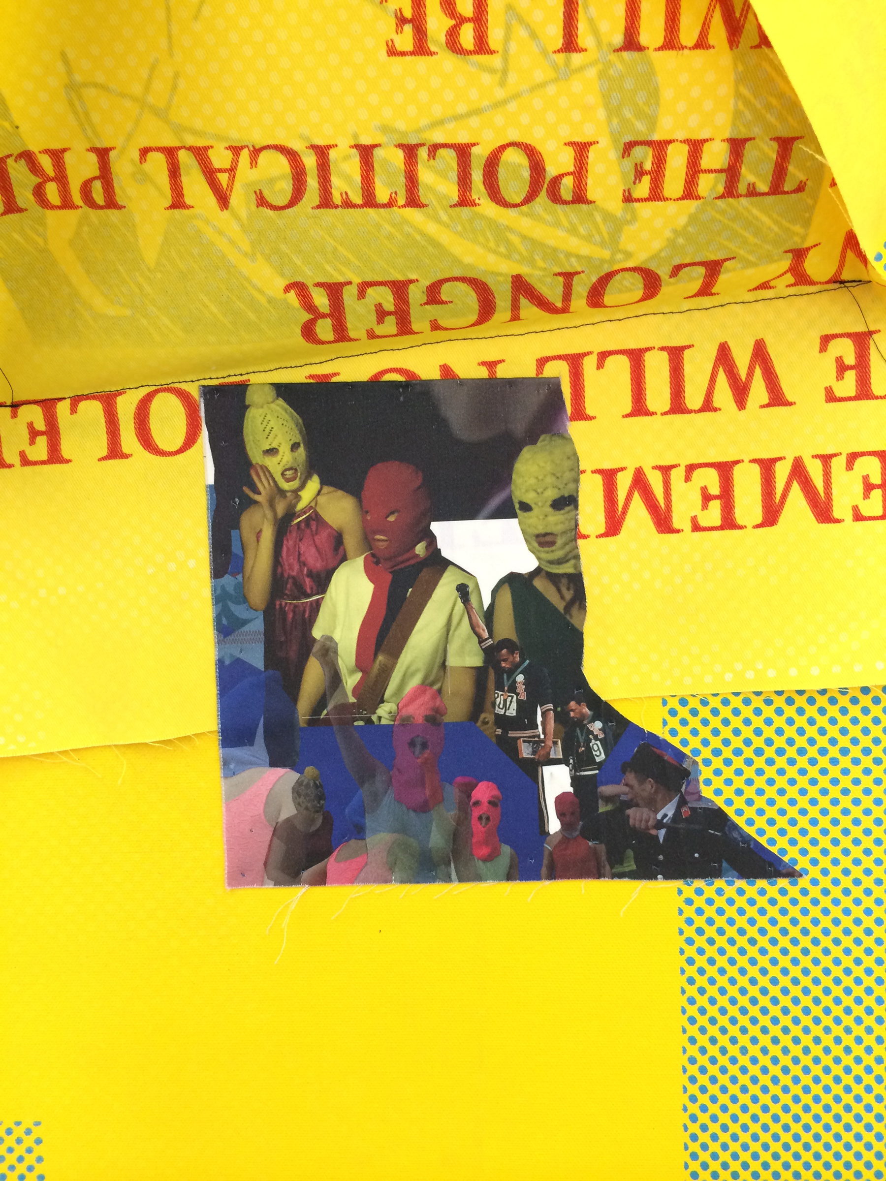   AMANDA CURRERI  (detail under flap) &nbsp;Eff (Yellow) , 2016, acrylic and fabric dye on cotton, 78" x 48" 