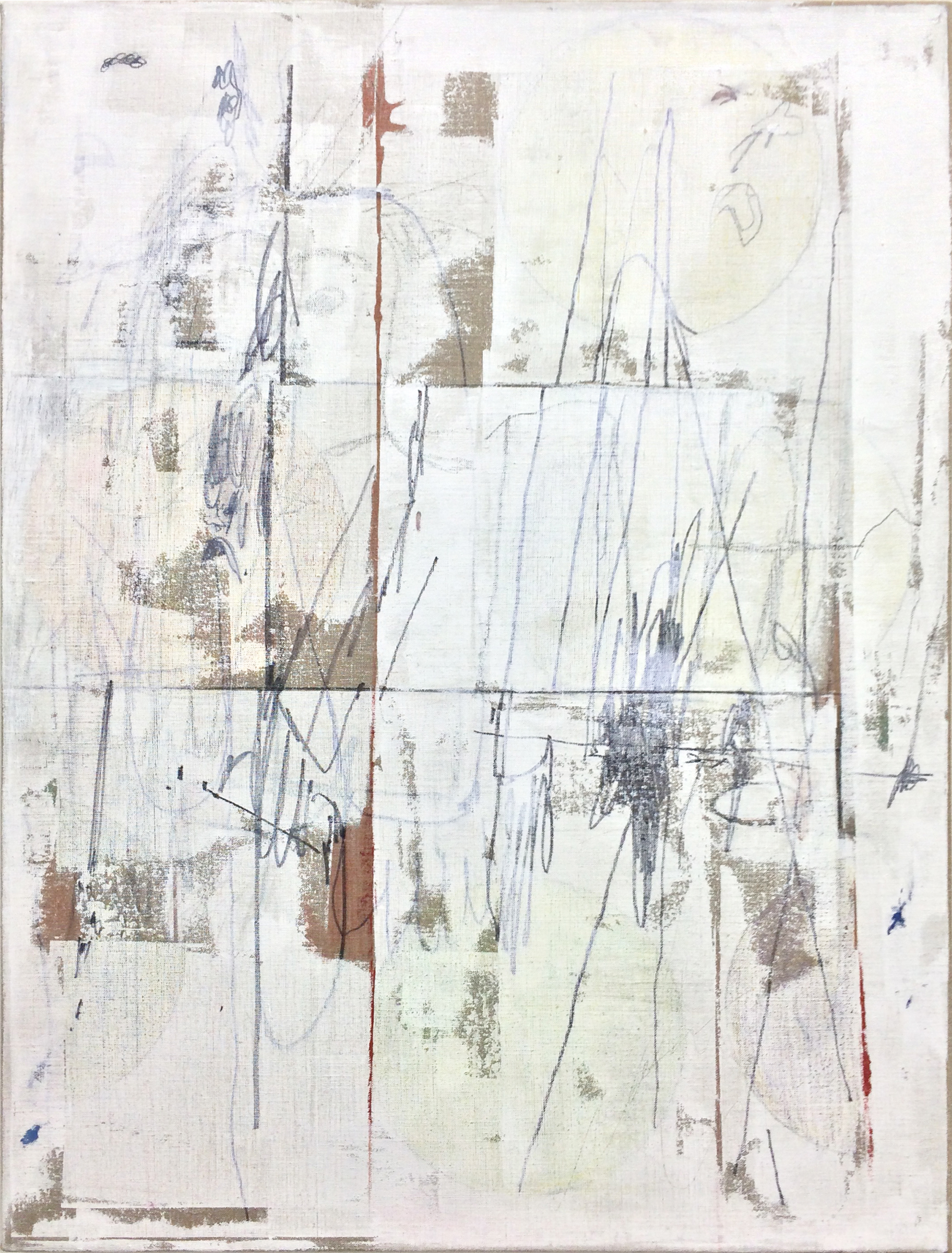  TED GAHL   Commuters (Strangers' Hands Touching, White) , 2015, oil, acrylic, graphite and colord pencil on linen, 48" x 36" 