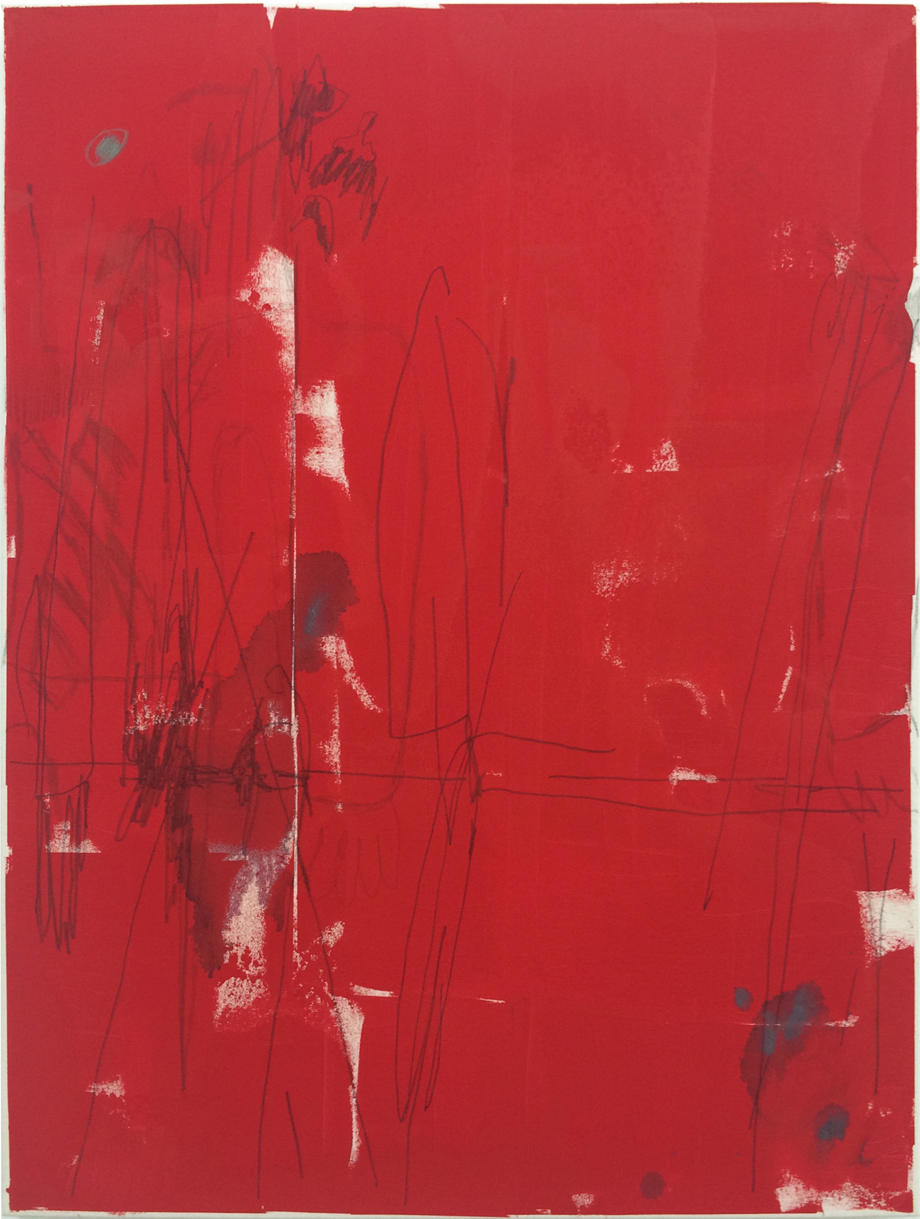   TED GAHL   Commuters (Strangers' Hands Touching, Red) , 2015, oil, acrylic, graphite and colord pencil on canvas, 48" x 36" 