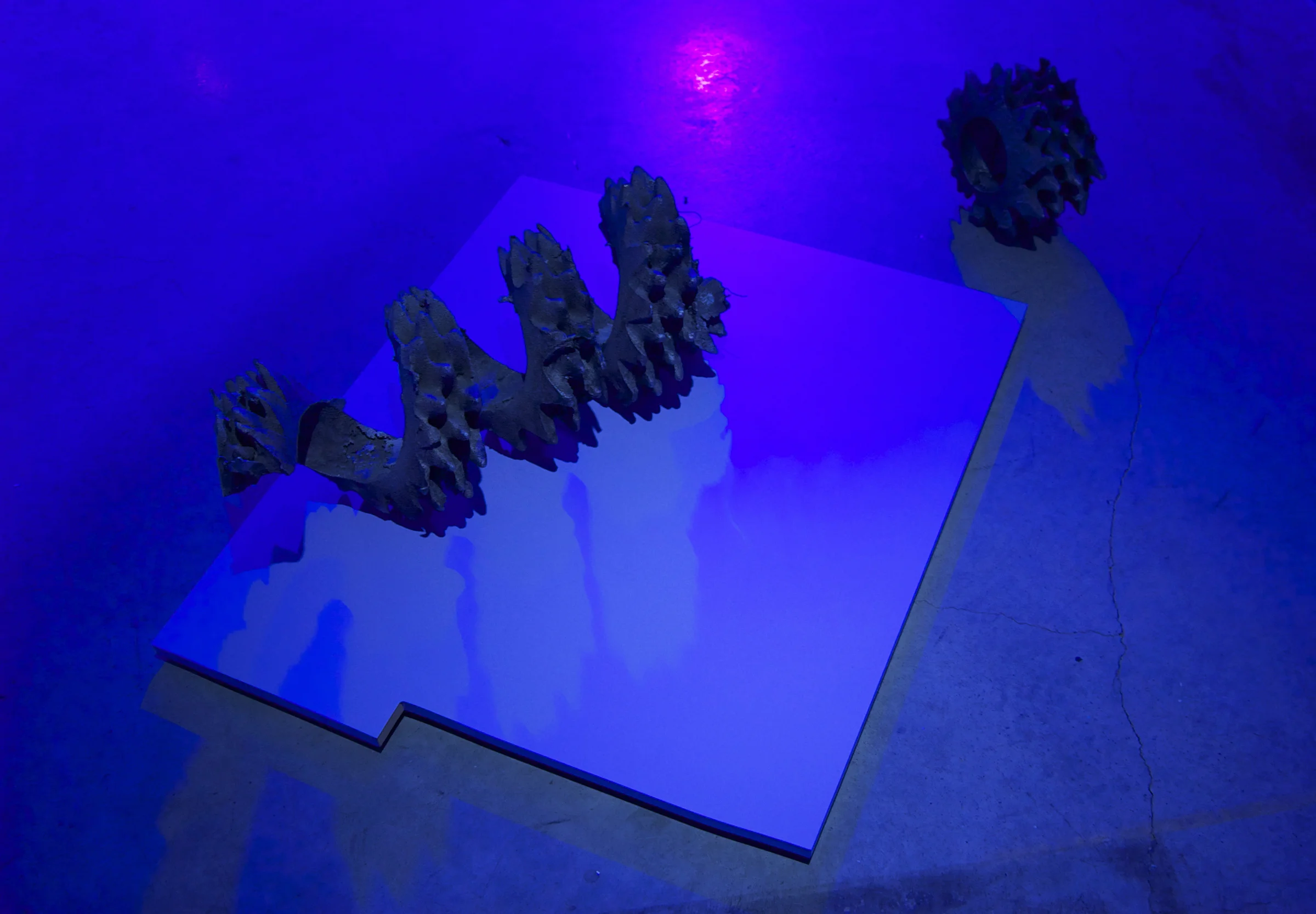NEVINE MAHMOUD Ravel (in two parts) with Color Plane Lilac , 2015, cast aluminum, MDF, laminate, 37" x 31" x 12" and 10" x 10" x 6"