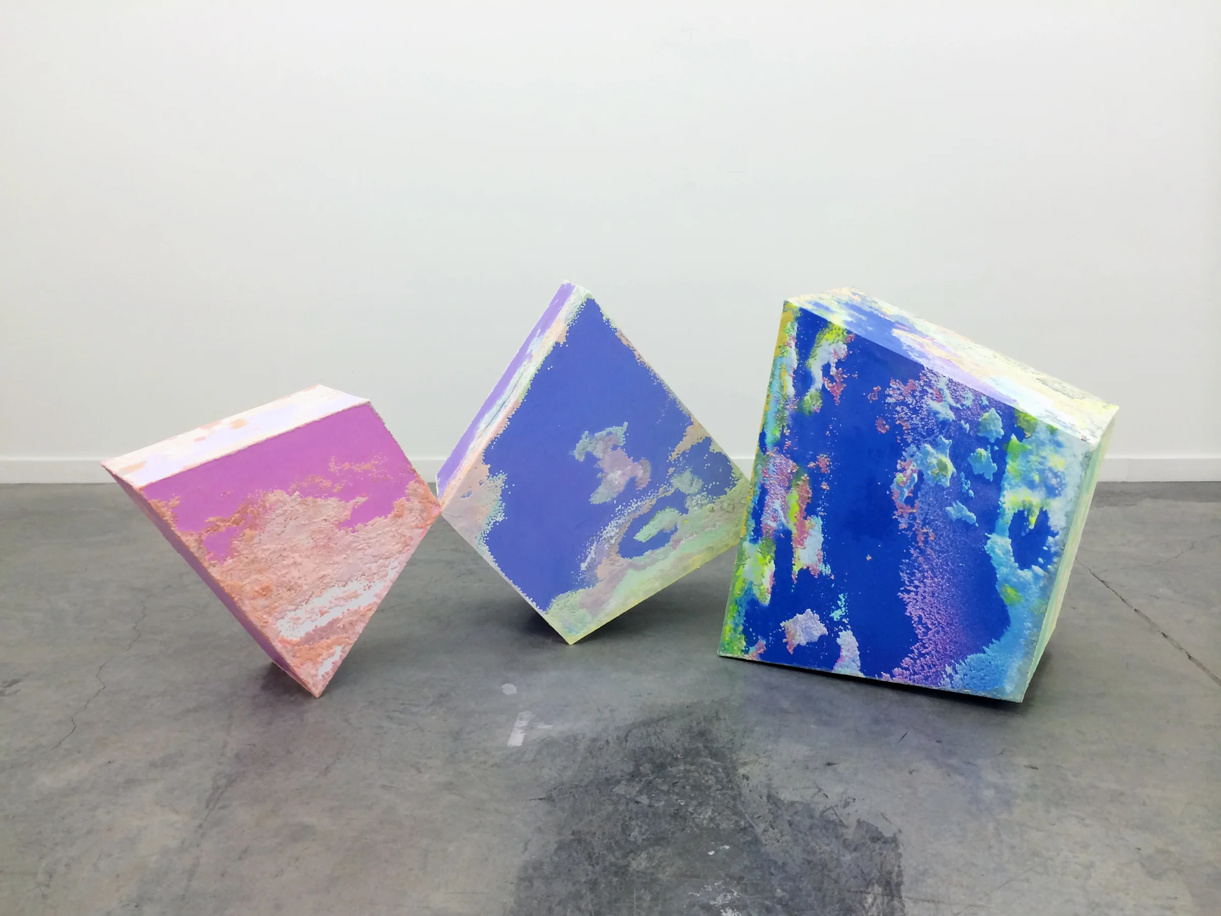 LENA DALY Battery I, 21" x 16.5" x 9", Battery II, 26" x 21" x 13", Battery III , 29" x 24" x 16", 2015, vinyl inkjet print, uv light reactive chalk on MDF