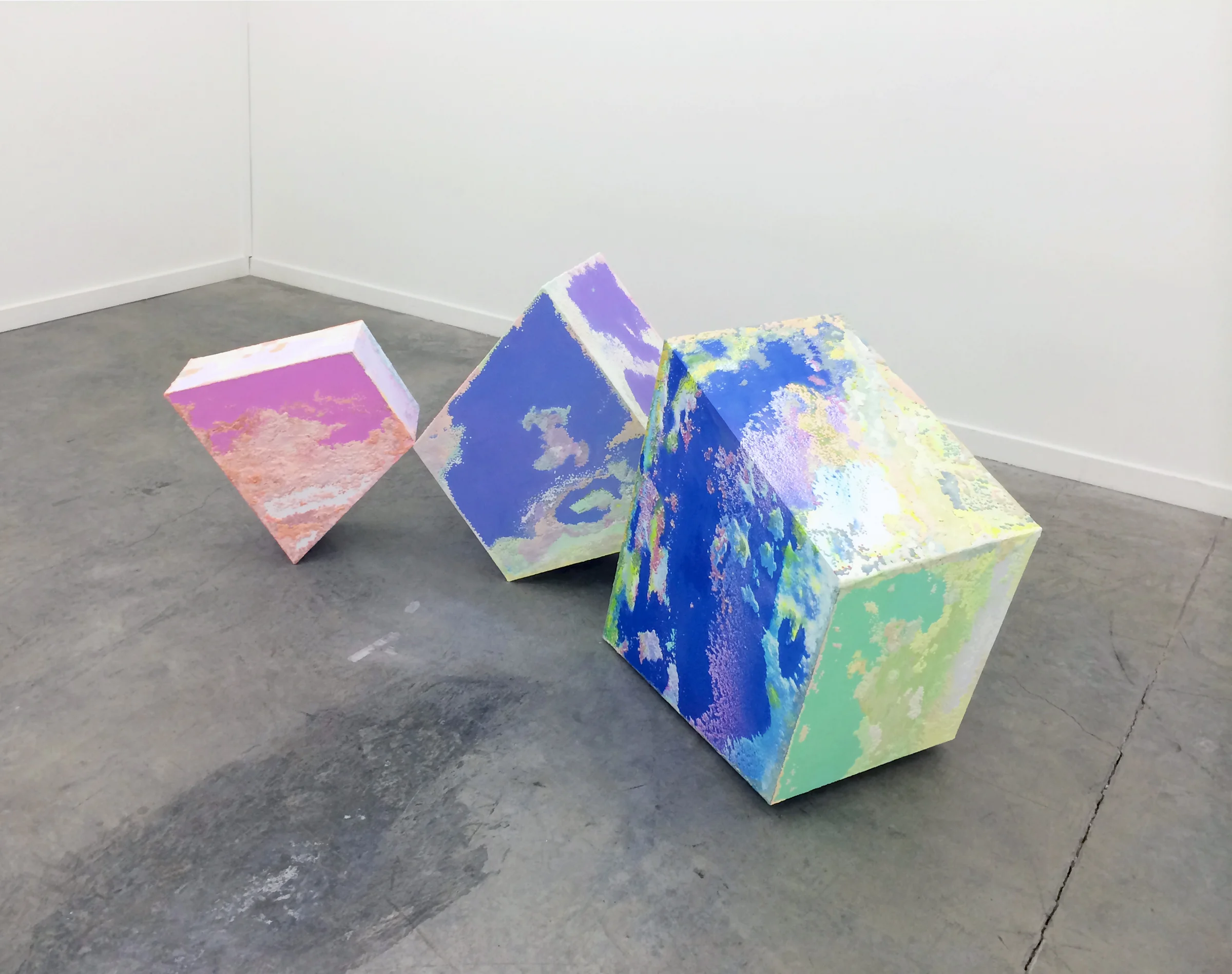 LENA DALY Battery I, 21" x 16.5" x 9", Battery II, 26" x 21" x 13", Battery III , 29" x 24" x 16", 2015, vinyl inkjet print, uv light reactive chalk on MDF