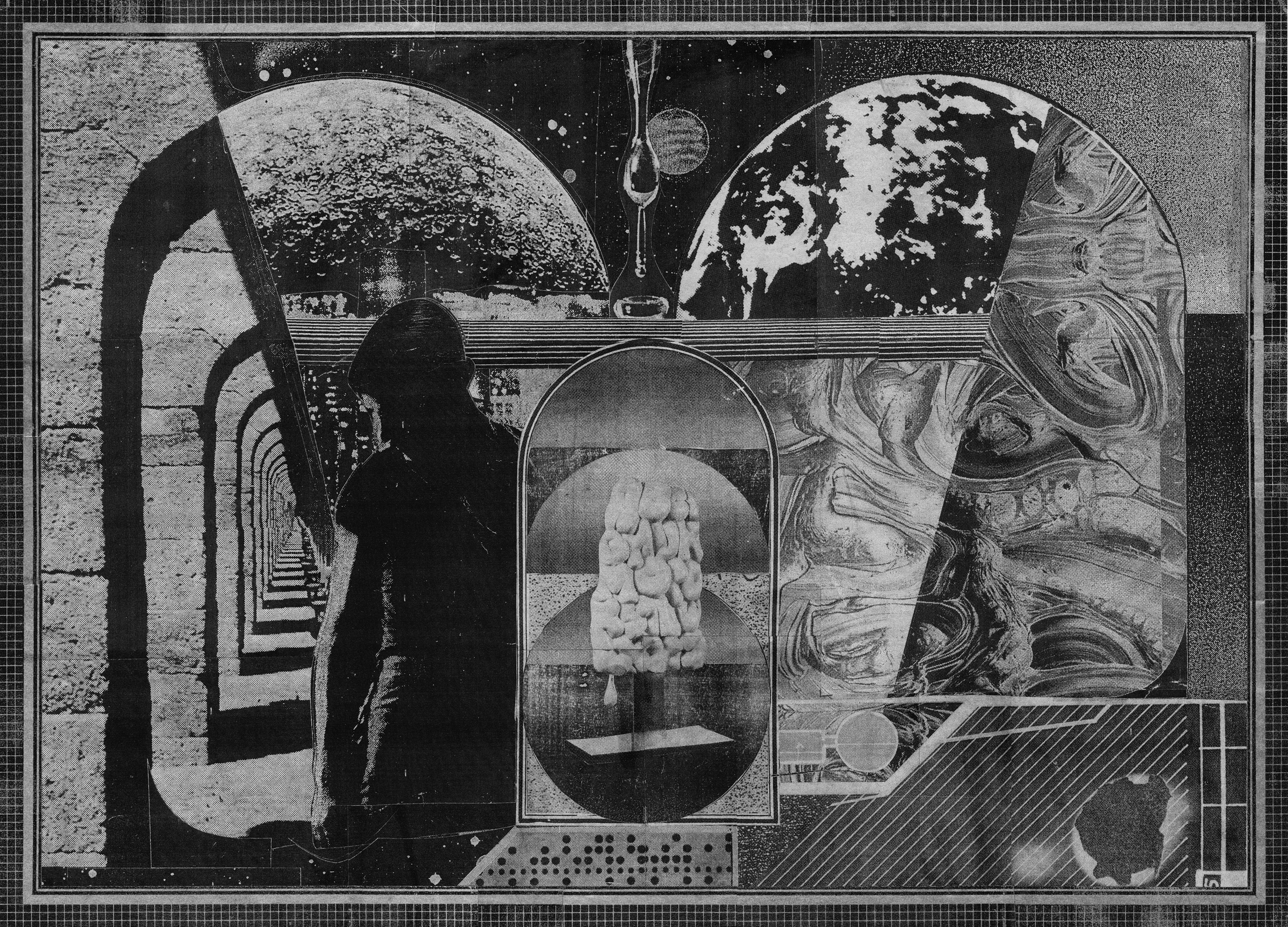 GWENAËL RATTKE Destination Retrograde , spray paint and collage on board, 22.5" x 30.25", 2015