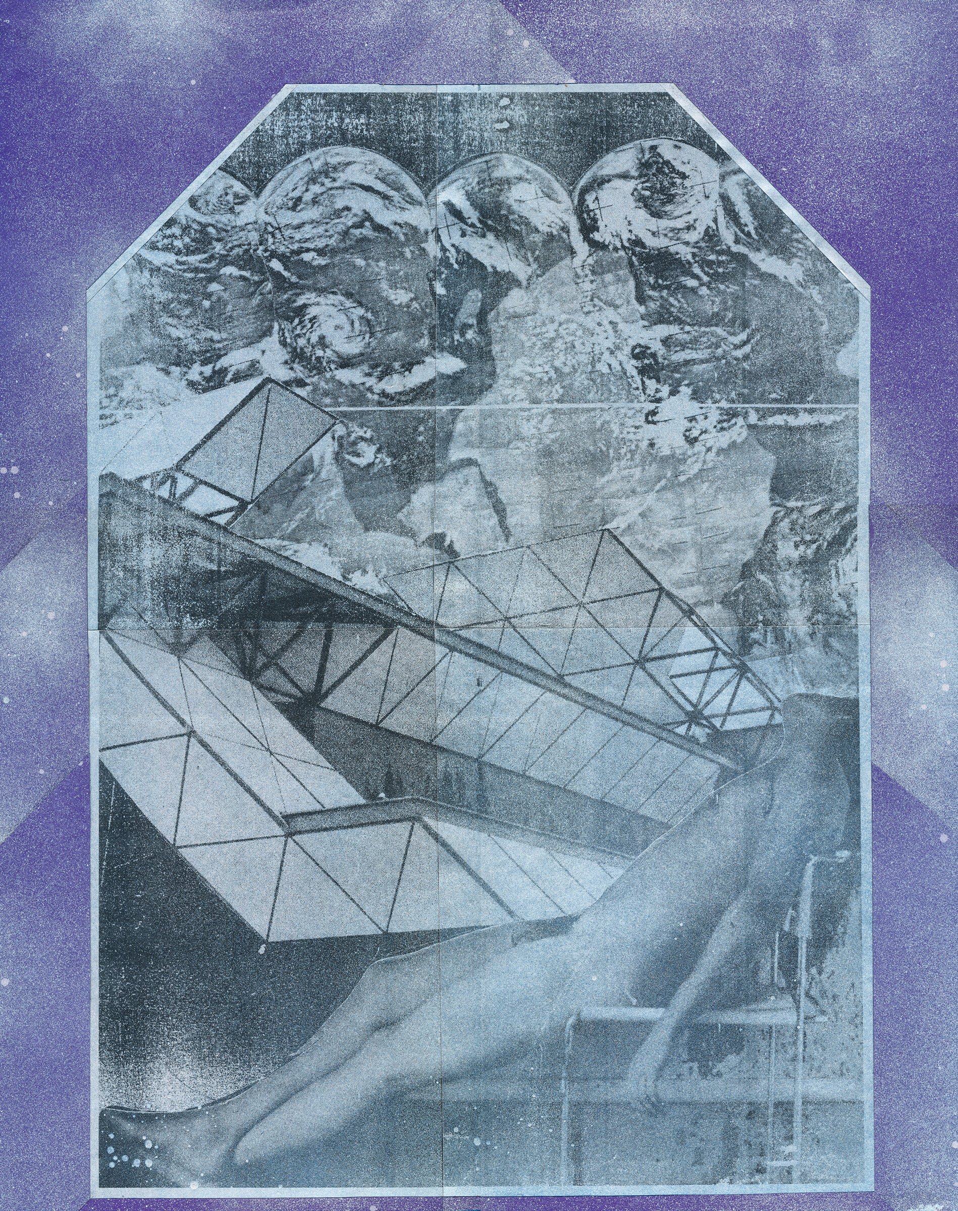 GWENAËL RATTKE Nude in front of the Institute , spray paint and collage on board, 22.5" x 18.25", 2015