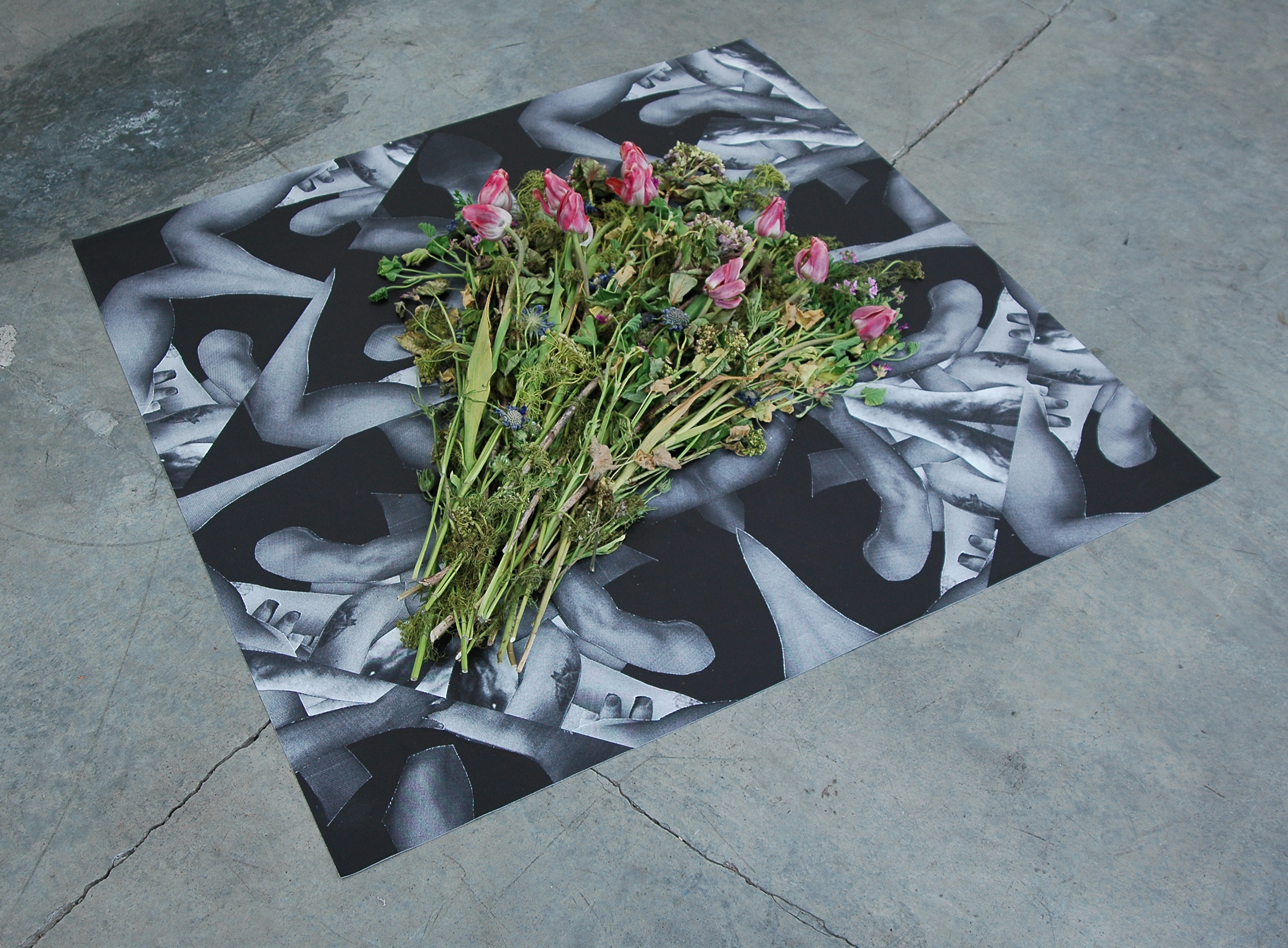   DERIC CARNER   If I Die,&nbsp; vinyl print and flowers, 48" x 48", 2014 