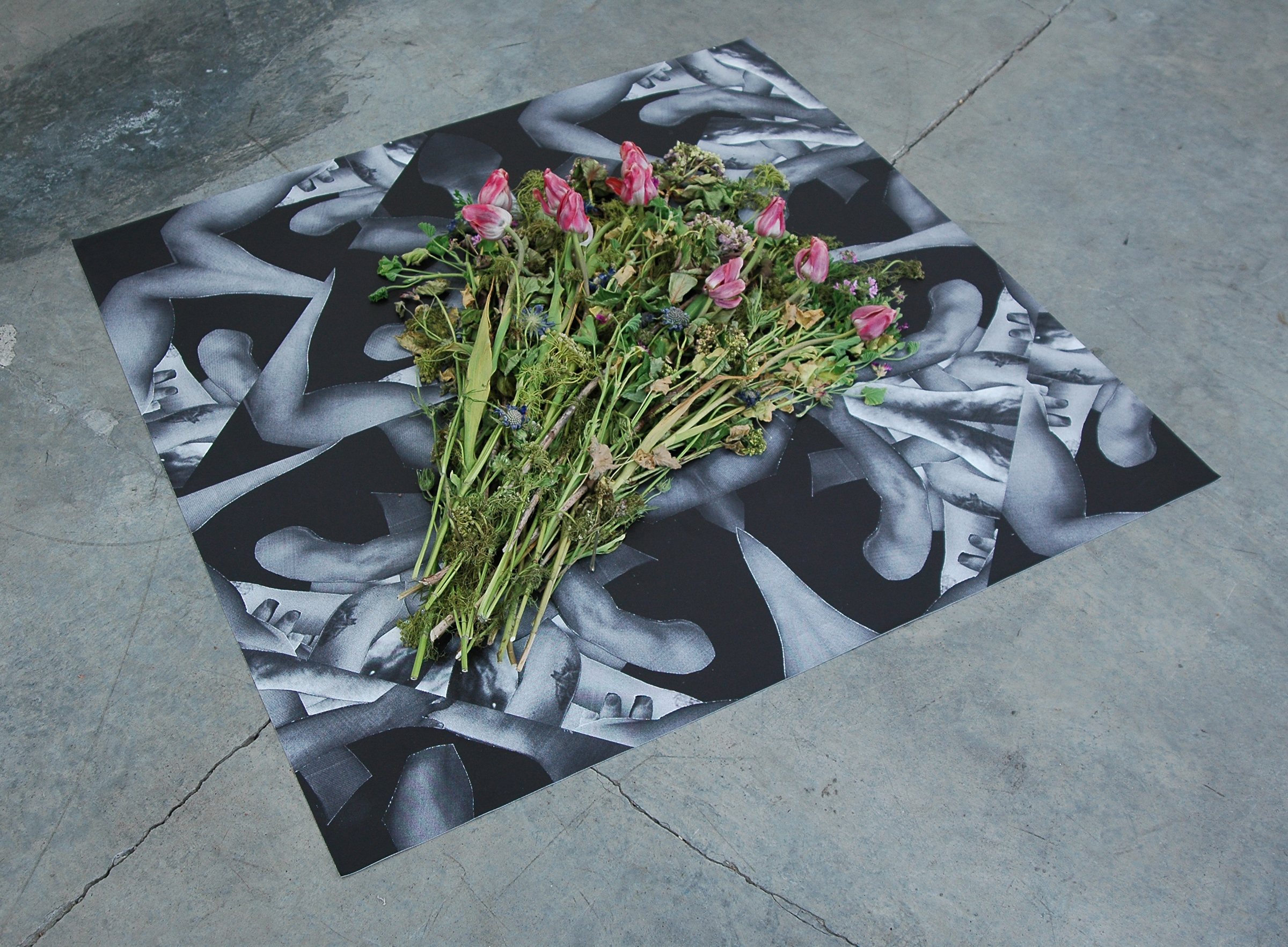 DERIC CARNER If I Die, vinyl print and flowers, 48" x 48", 2014