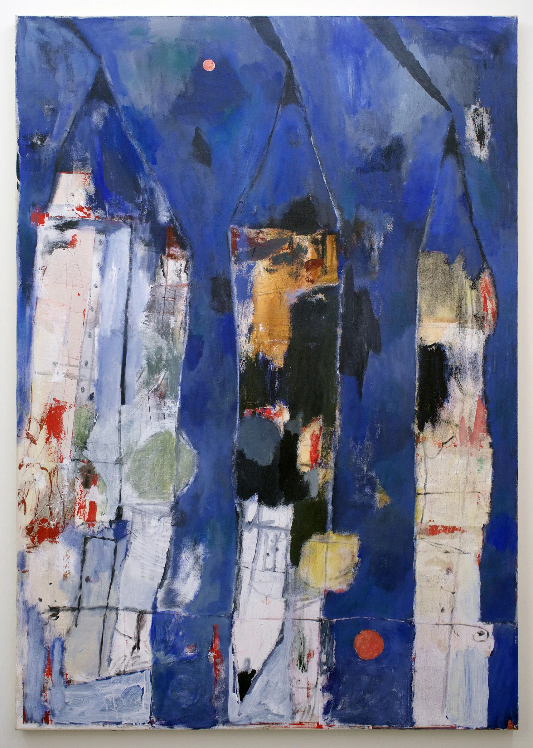 TED GAHL Pencils/Tower 1 , 2017, oil, acrylic, graphite, china marker on canvas, 72" x 50"