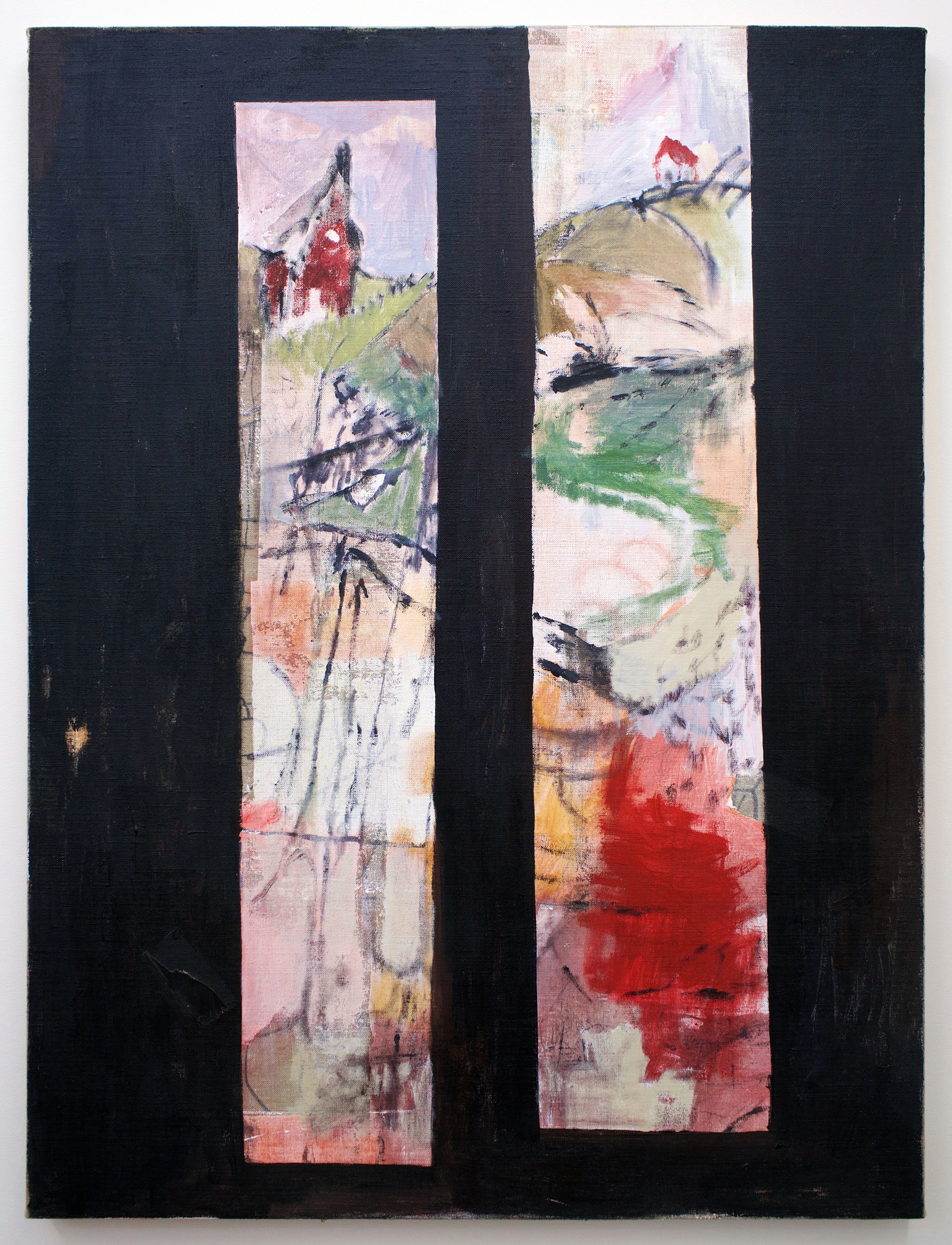   TED GAHL   Scene in Towers (G.M.) , 2017, oil, acrylic, graphite, wood on linen, 48" x 36" 