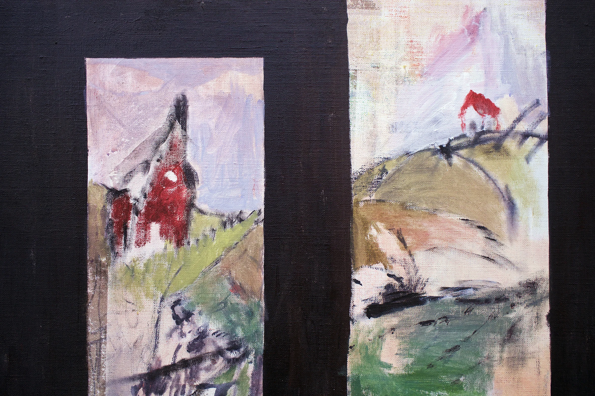 TED GAHL (detail) Scene in Towers (G.M.) , 2017, oil, acrylic, graphite, wood on linen, 48" x 36"