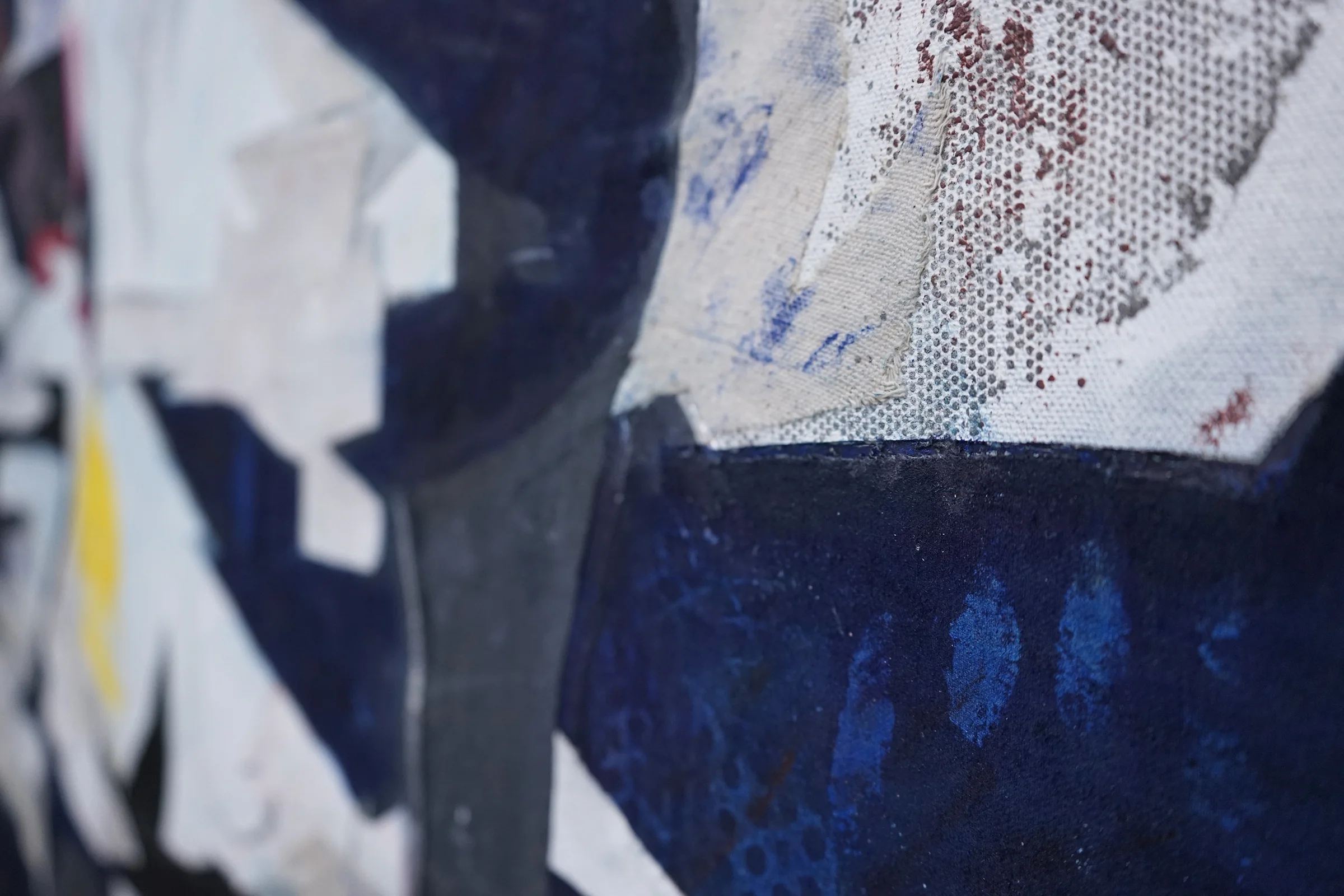 RYAN WALLACE (detail) Lenakaeia 1 , oil, enamel, acrylic, pigment, cold wax, canvas, linen, rubber, aluminum, fiberglass, 48" x 64", 2017