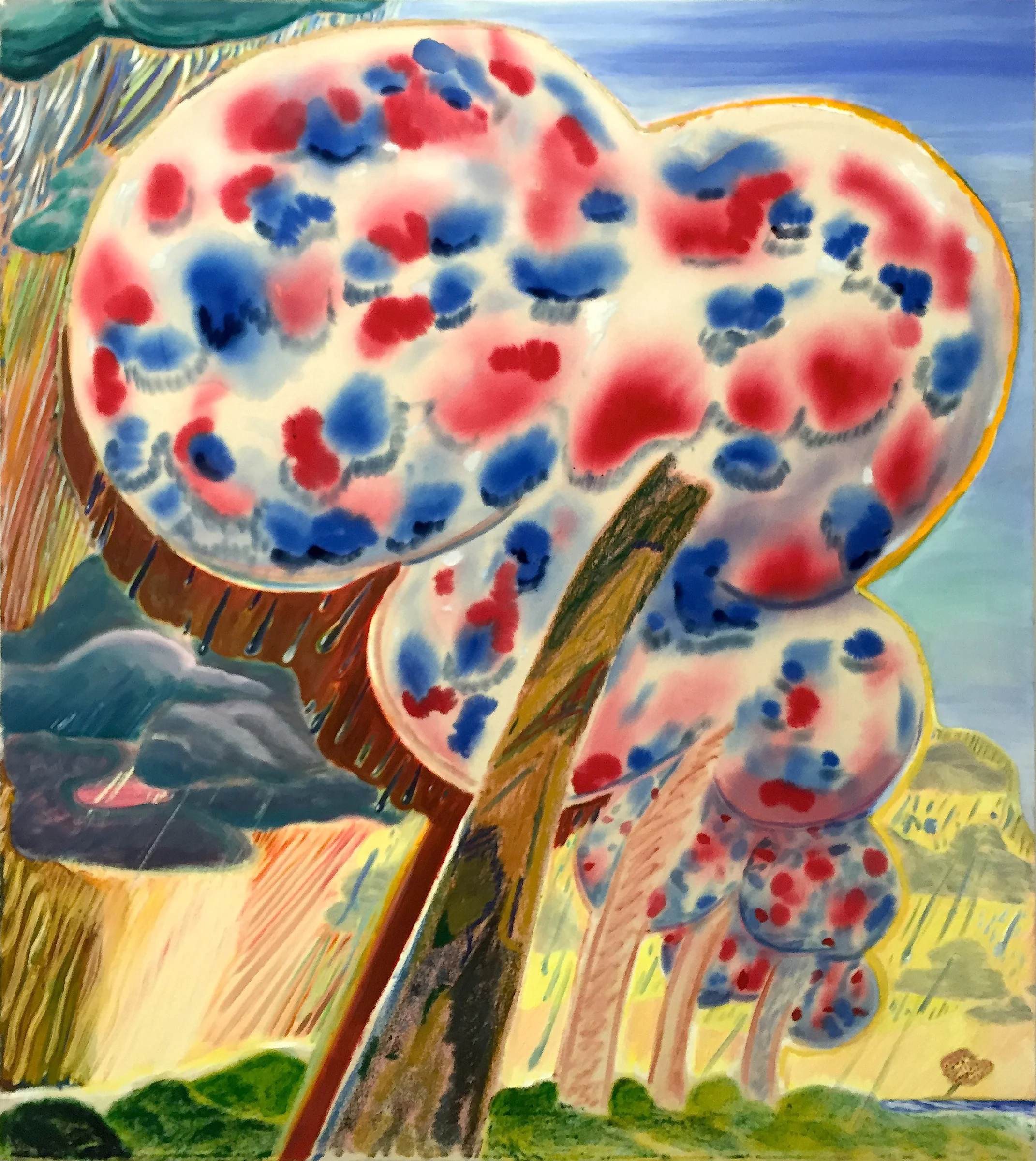 SHARA HUGHES Summer Rain , 2016, oil, acrylic, chalk and airbrush on canvas, 54" x 48"