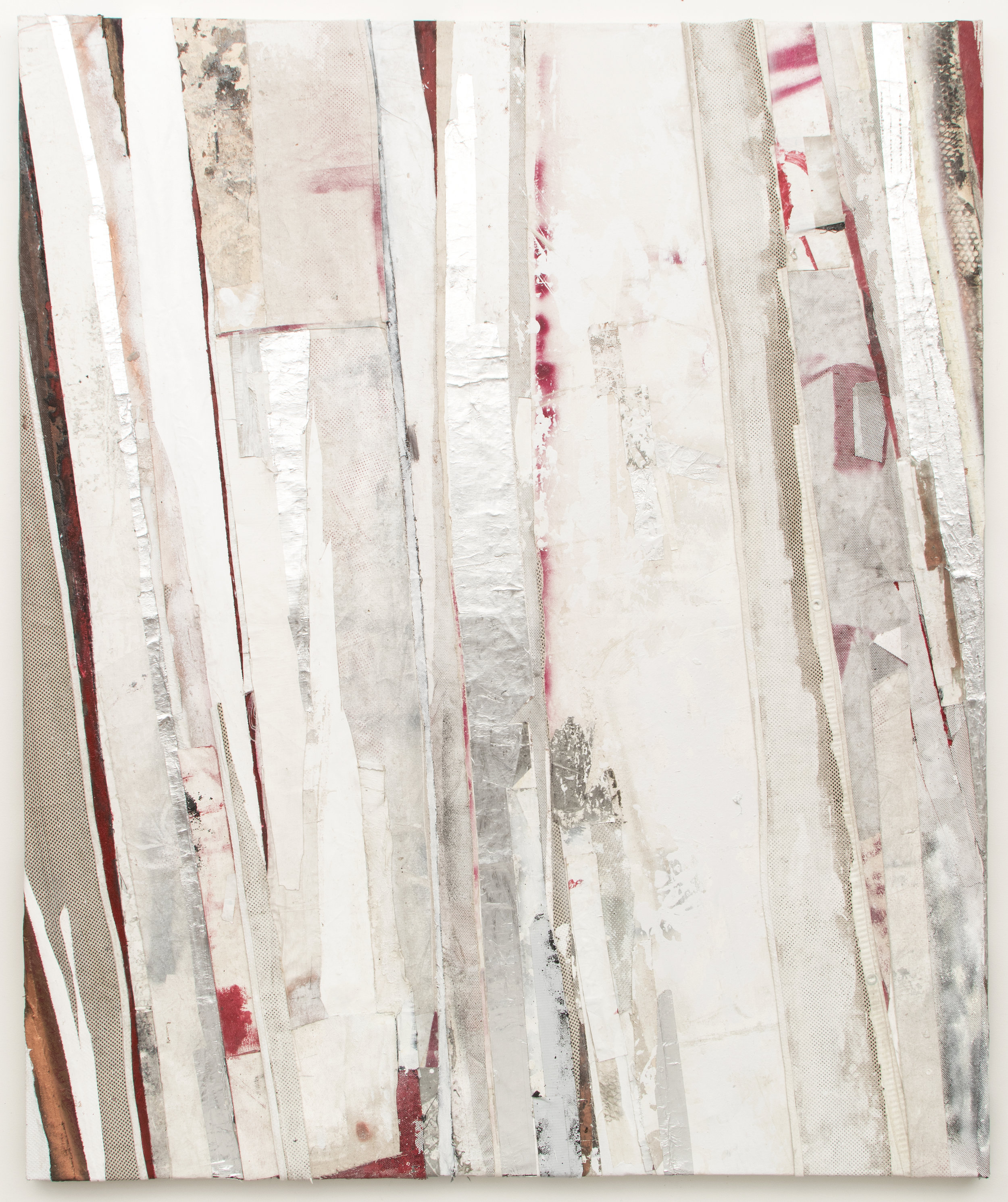   RYAN WALLACE   Redactor 6 , 2015, enamel, acrylic, vinyl, rubber, concrete, plaster, aluminum tape, canvas on canvas, 72" x 60" 