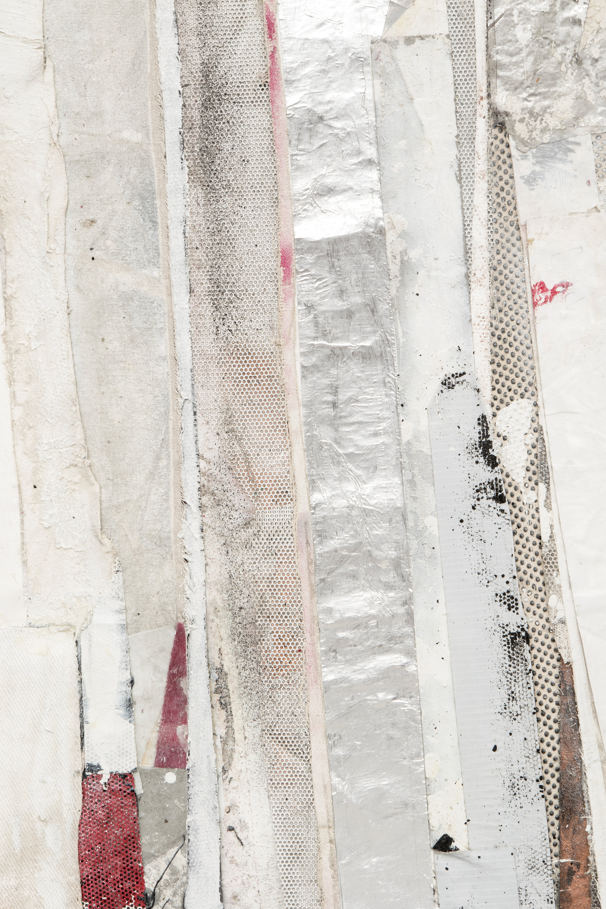   RYAN WALLACE   (detail) Redactor 6 , 2015, enamel, acrylic, vinyl, rubber, concrete, plaster, aluminum tape, canvas on canvas, 72" x 60" 