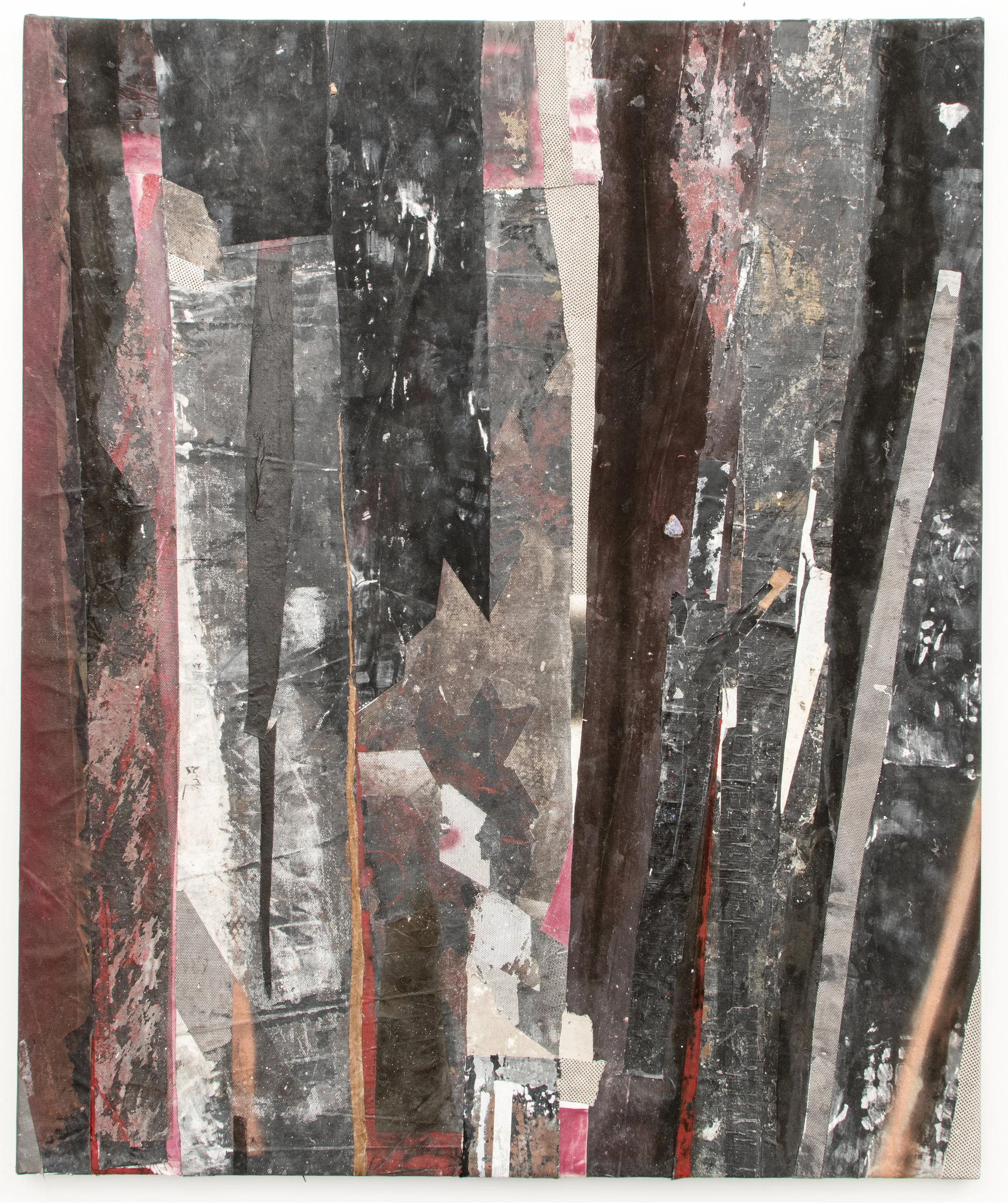 RYAN WALLACE Redactor 4 , 2015, enamel, acrylic, vinyl, rubber, concrete, plaster, aluminum tape, canvas on canvas, 72" x 60"