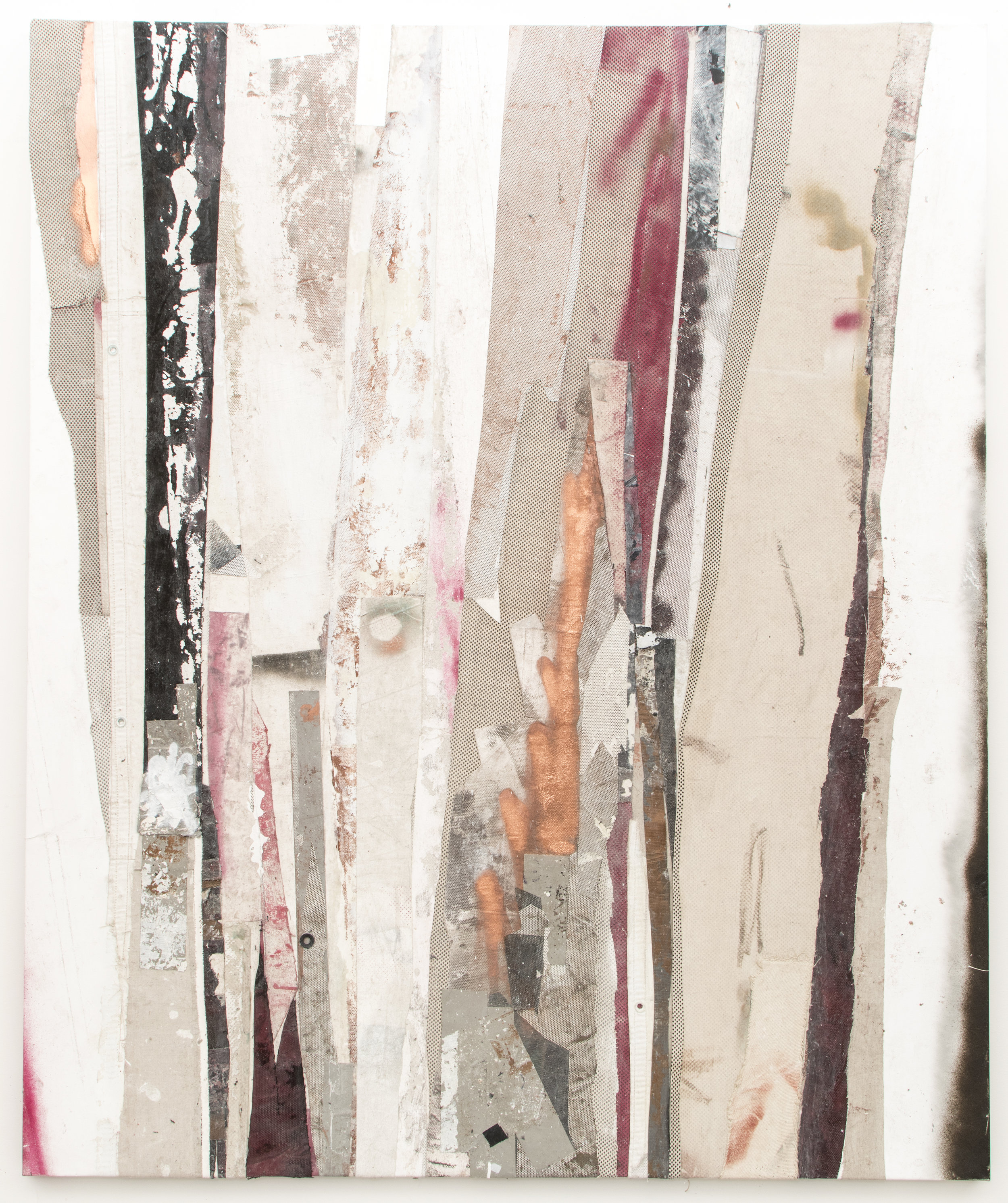  RYAN WALLACE   Redactor 5 , 2015, enamel, acrylic, vinyl, rubber, concrete, plaster, aluminum tape, canvas on canvas, 72" x 60" 