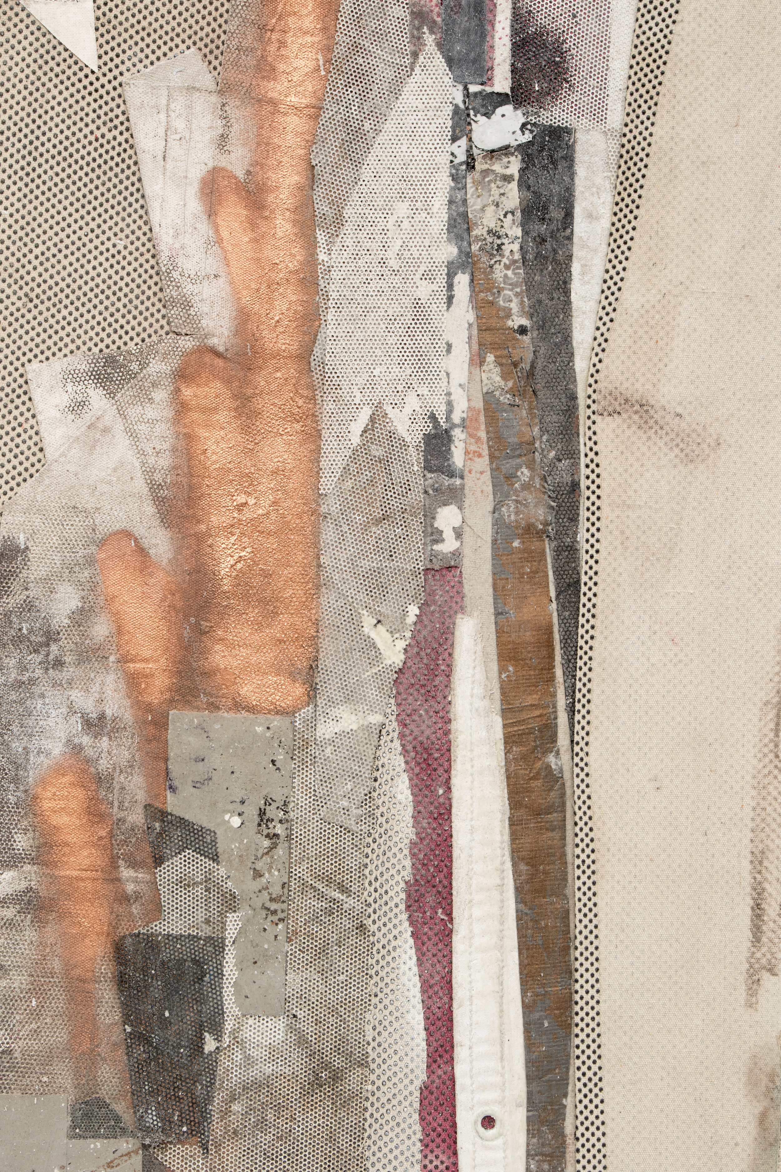   RYAN WALLACE   (detail) Redactor 5 , 2015, enamel, acrylic, vinyl, rubber, concrete, plaster, aluminum tape, canvas on canvas, 72" x 60" 
