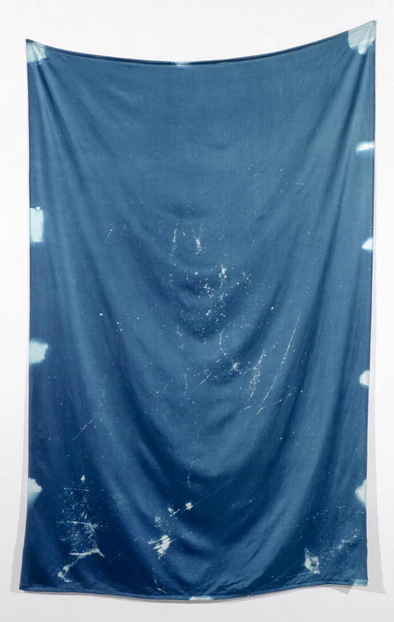   WITH CINDER BLOCKS WE FLATTEN OUR PHOTOGRAPHS  John Pearson,&nbsp; Untitled (No. 2) , cyanotype on fabric with tread, 69" x 43", 2013 