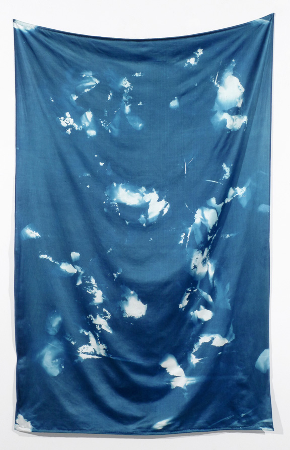   WITH CINDER BLOCKS WE FLATTEN OUR PHOTOGRAPHS  John Pearson,&nbsp; Untitled (No. 1) , cyanotype on fabric with tread, 69" x 43", 2013 