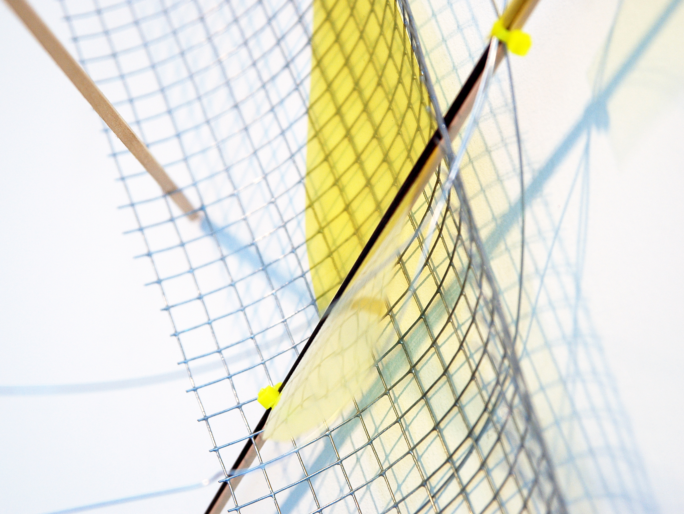   ALICE CATTANEO   (detail) Untitled , 2013, iron netting, balsa wood, iron, yellow acetate, cable ties, wire, 37.5" x 40" x 17.5" 