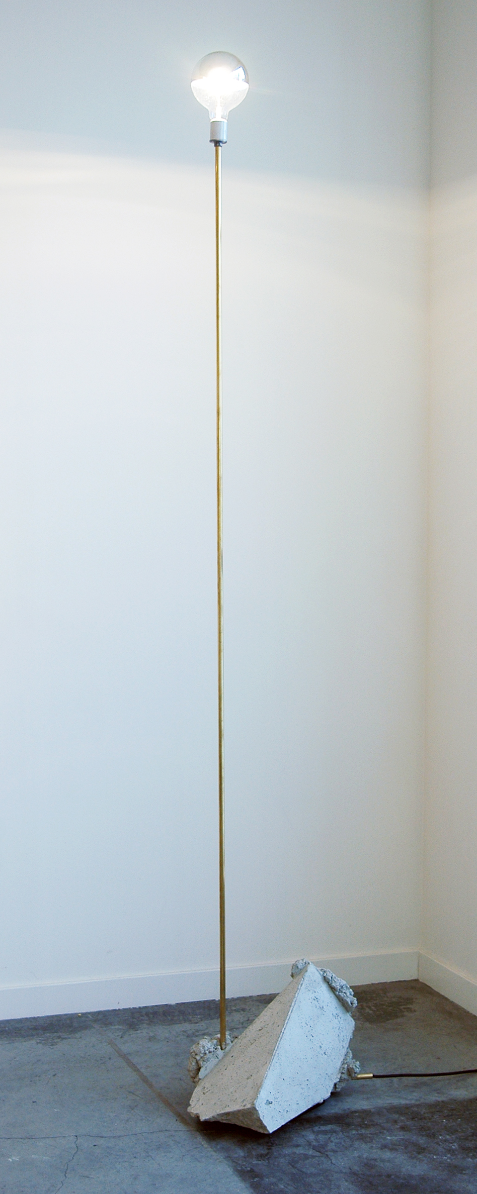   JONATHAN RUNCIO   Cast-off lamp 02 , brass, concrete, wiring, half crome light bulb, 90" x 18.5" x 11", 2013 