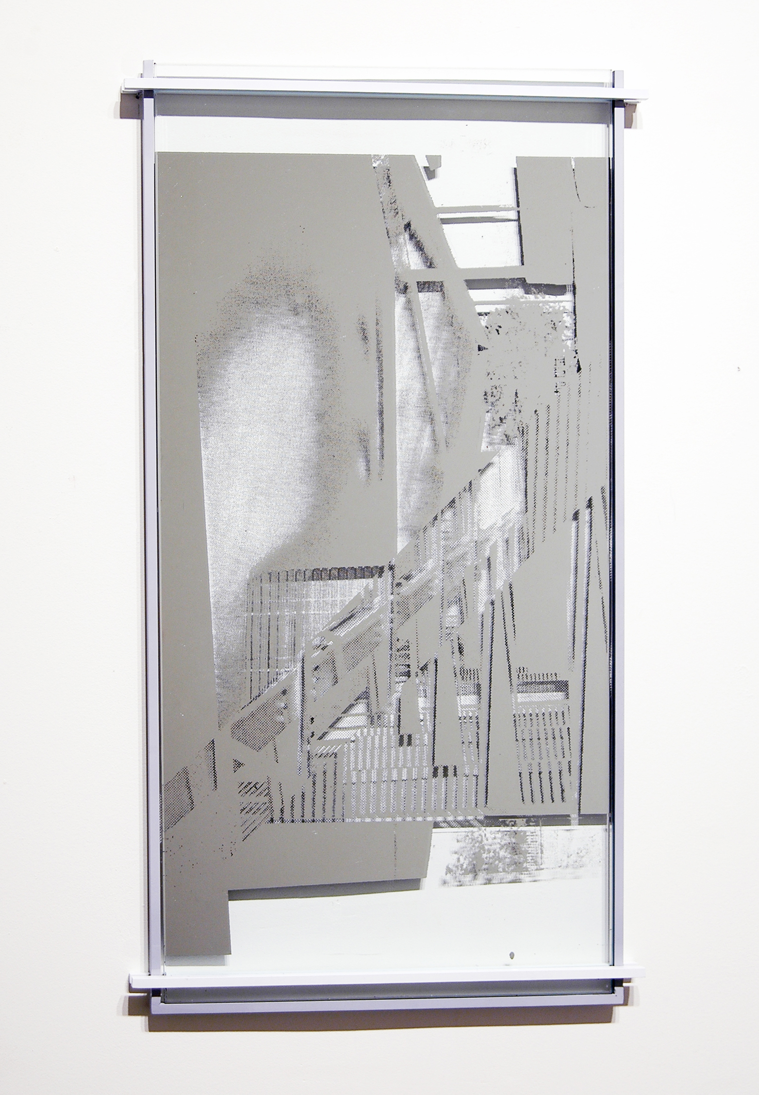   JONATHAN RUNCIO   Untitled , mirror, screen-print, steel and paint, 24.5" x 13.75", 2013 