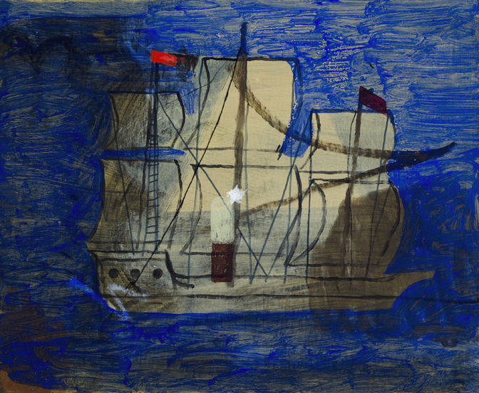 CHRISTOPH ROßNER Schiff (Ship), mixed media on cardboard mounted to wood frame, 12.25" x 14.5", 2012