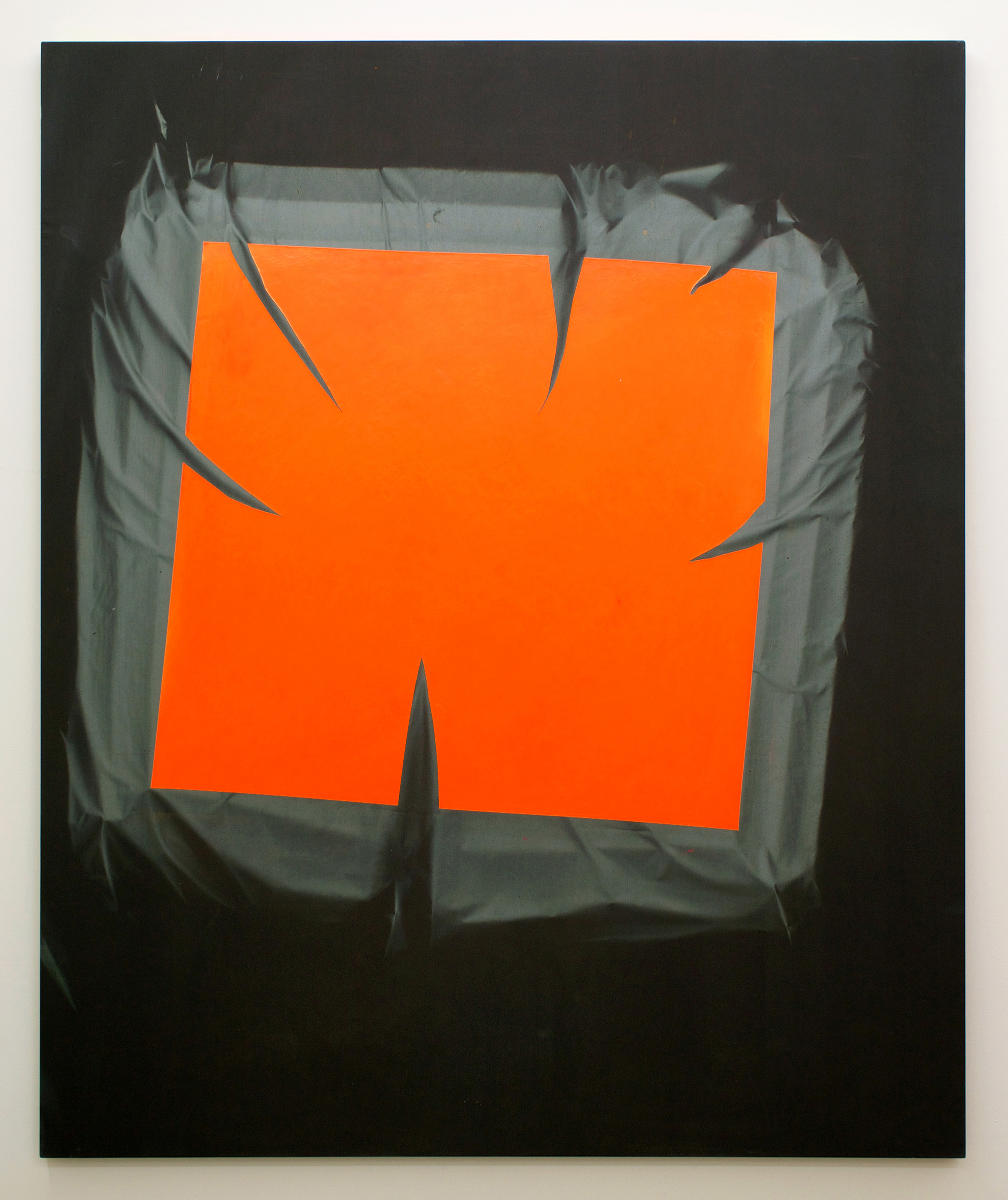   CHRIS DUNCAN   Skylight – Orange &amp; Gray (Fall-Spring 2016) Six-Month Exposure/Oakland , 2016, sun, time and acrylic on fabric, 68" x 55 3/4" 