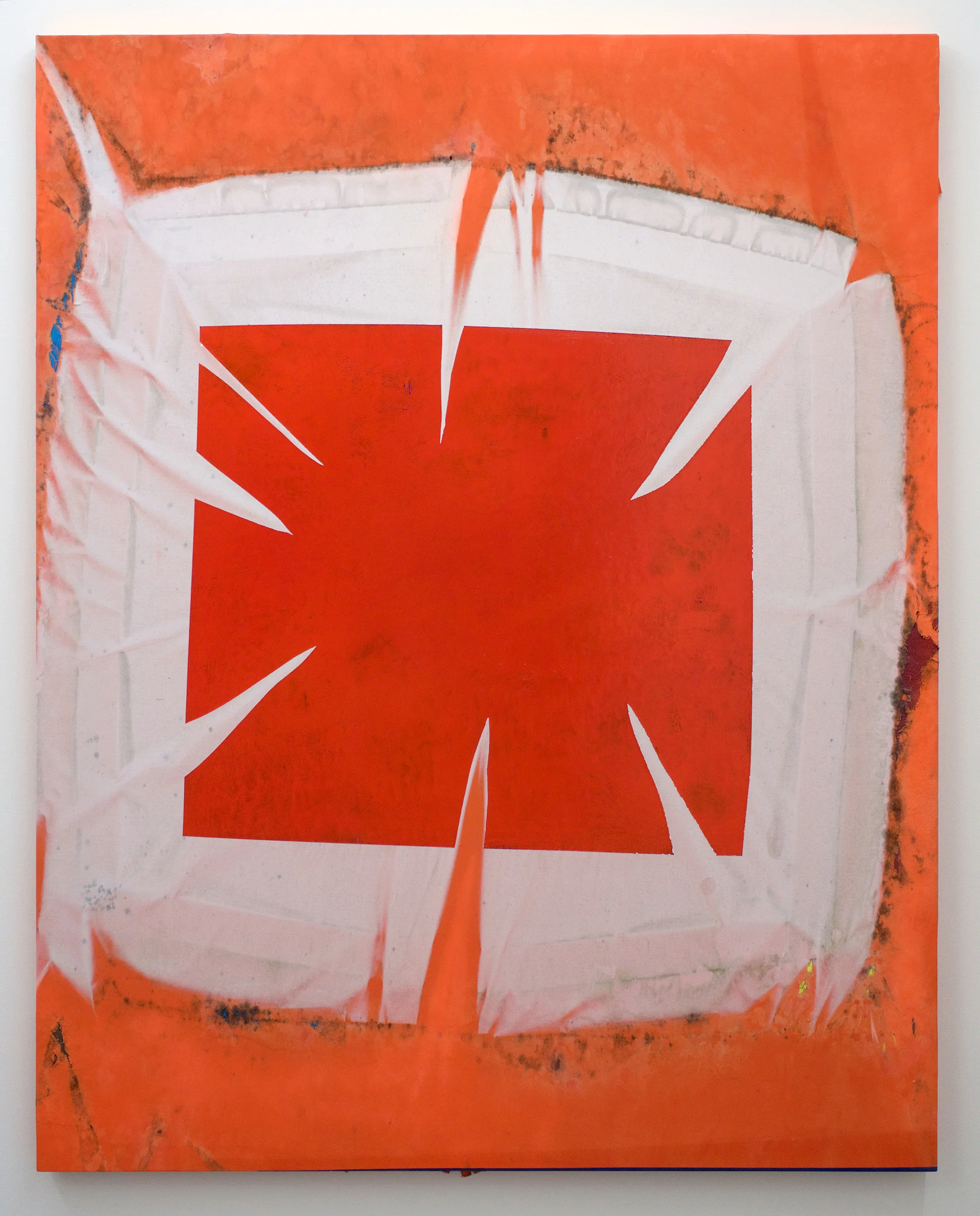 CHRIS DUNCAN Red On Orange (Fall 2016 – Spring 2017) six-month exposure/Oakland, 2017 , sun, time and acrylic on fabric, 60" x 48"