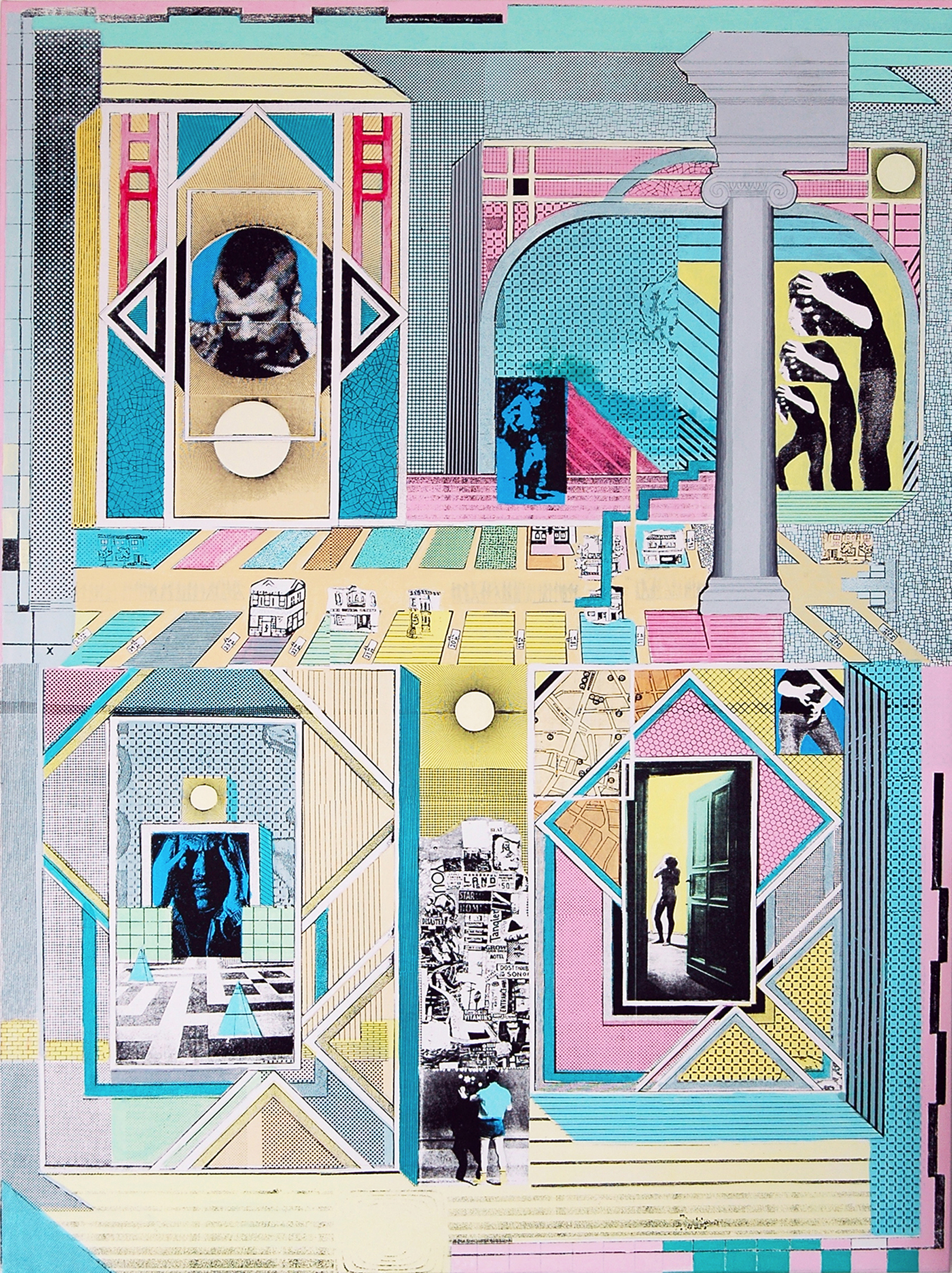 GWENAËL RATTKE Patterns & Perspectives , 2012, acrylic silkscreen on canvas with hand working, 56" x 41.75"